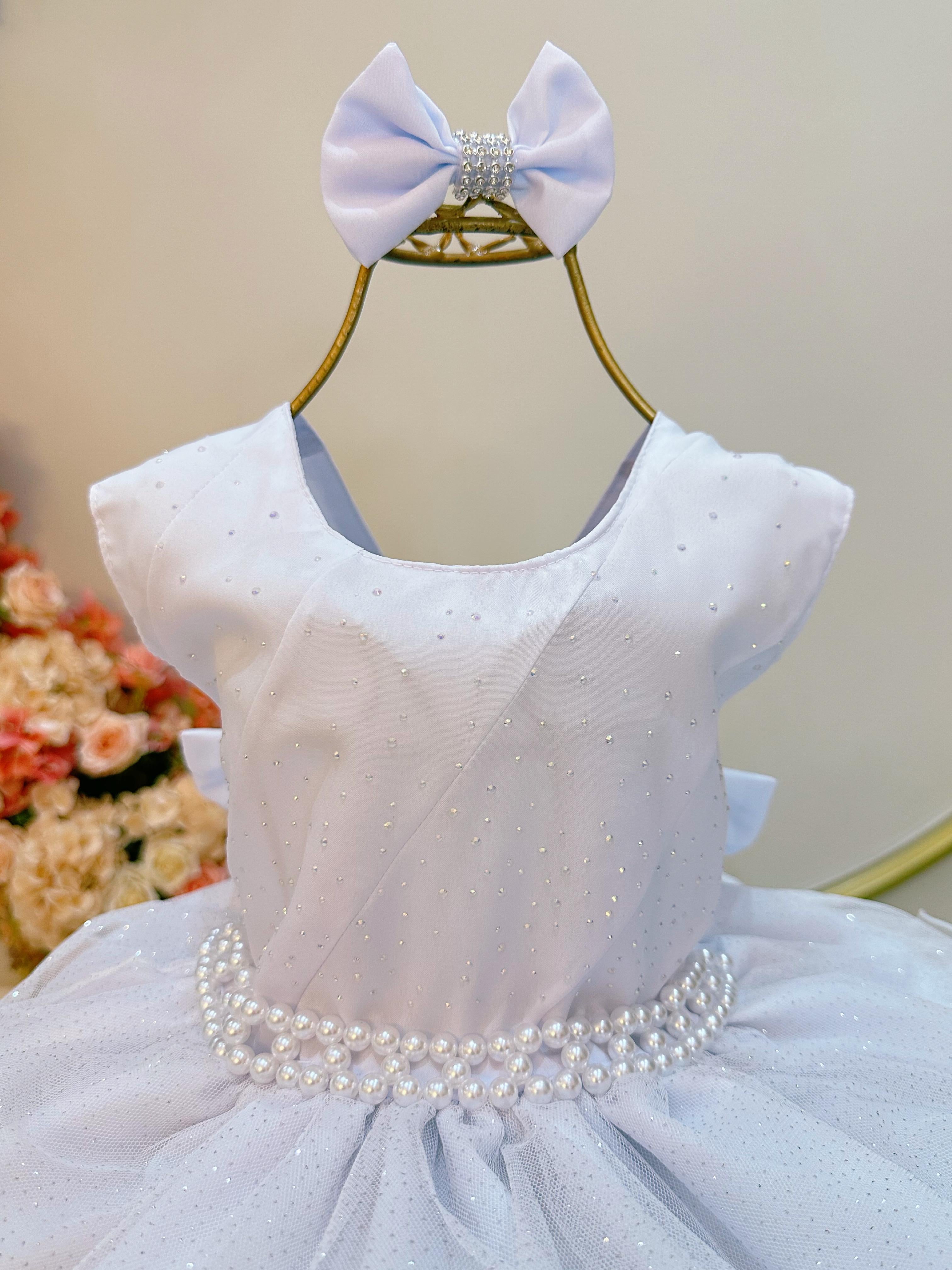 Vestido Infantil Branco Saia Babado e Glitter Pérolas Daminha