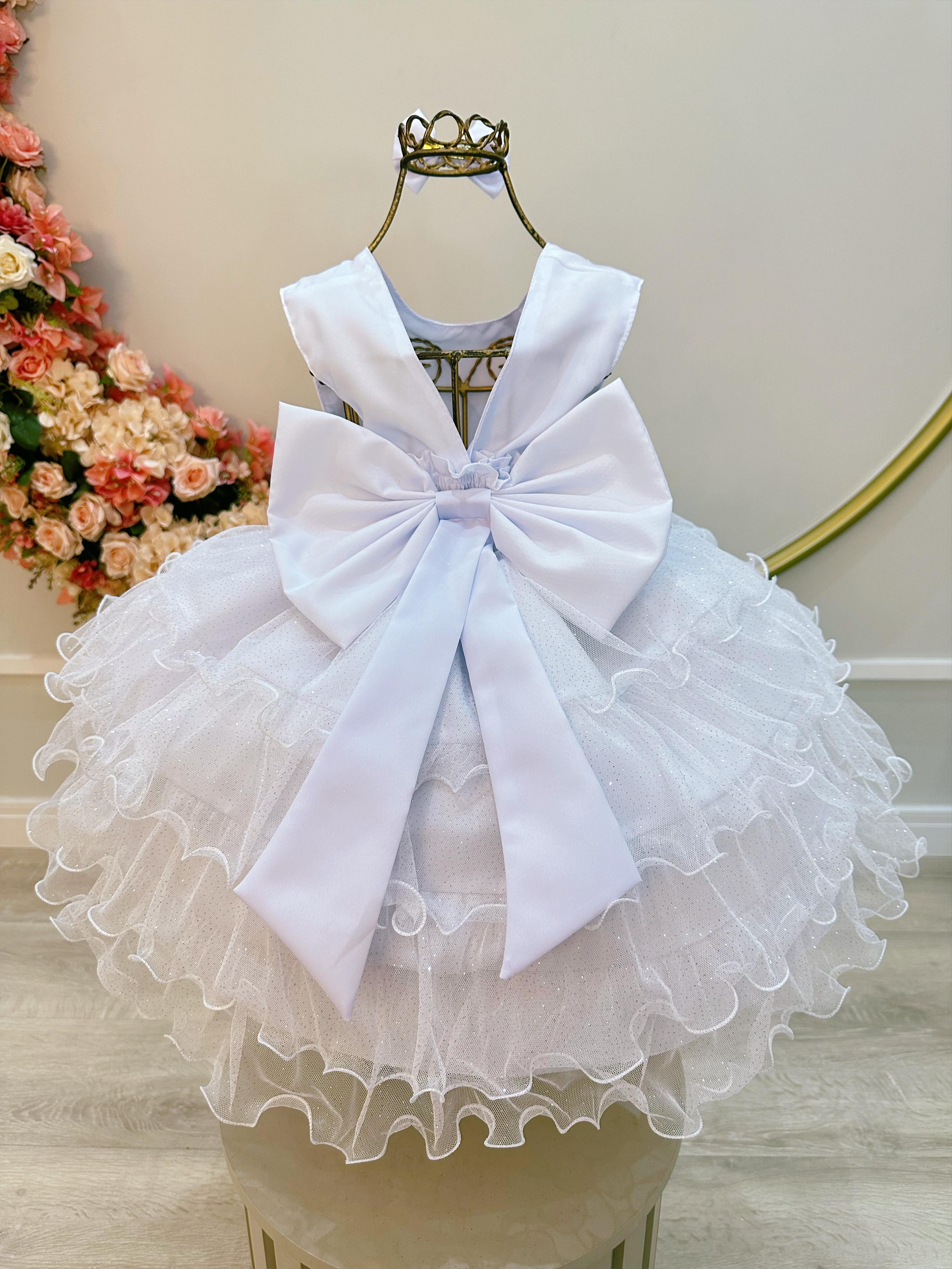 Vestido Infantil Branco Saia Babado e Glitter Pérolas Daminha