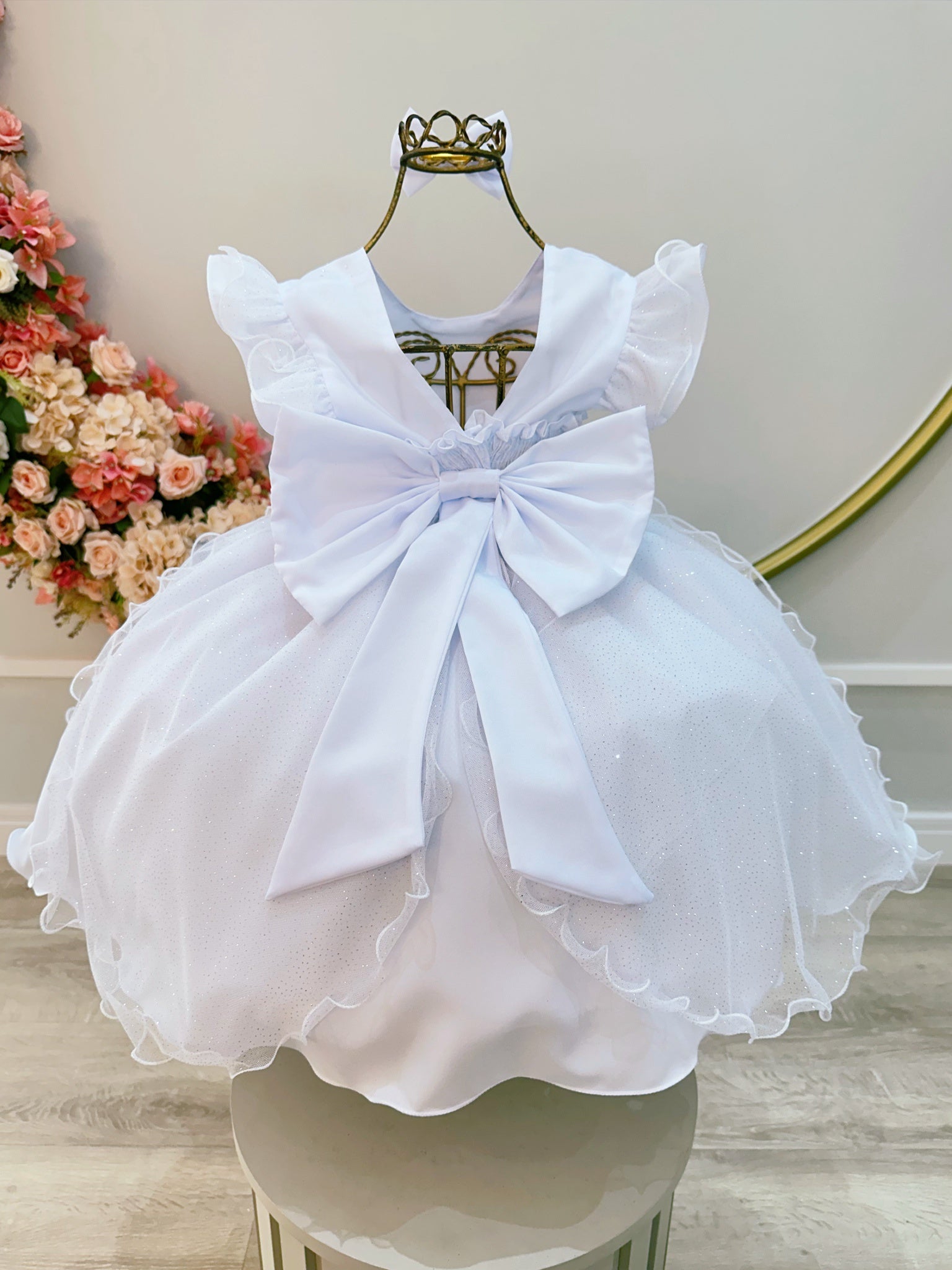 Vestido Infantil Branco Saia Com Tule e Glitter Daminha