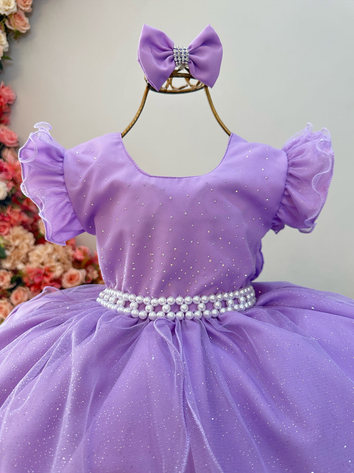 Vestido Infantil Lilás Saia C/ Tule e Glitter Daminhas Festa