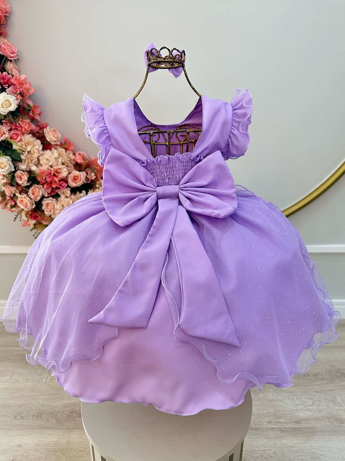 Vestido Infantil Lilás Saia C/ Tule e Glitter Daminhas Festa