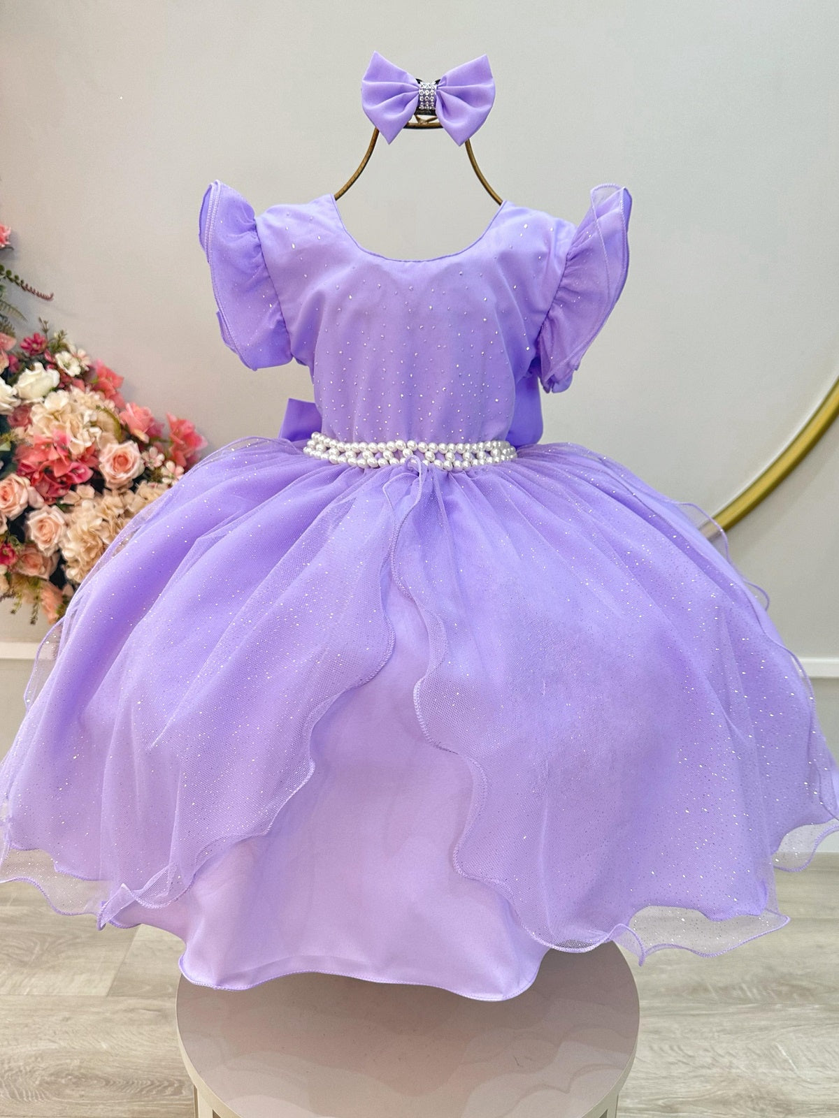 Vestido Infantil Lilás Saia C/ Tule e Glitter Festa Daminhas