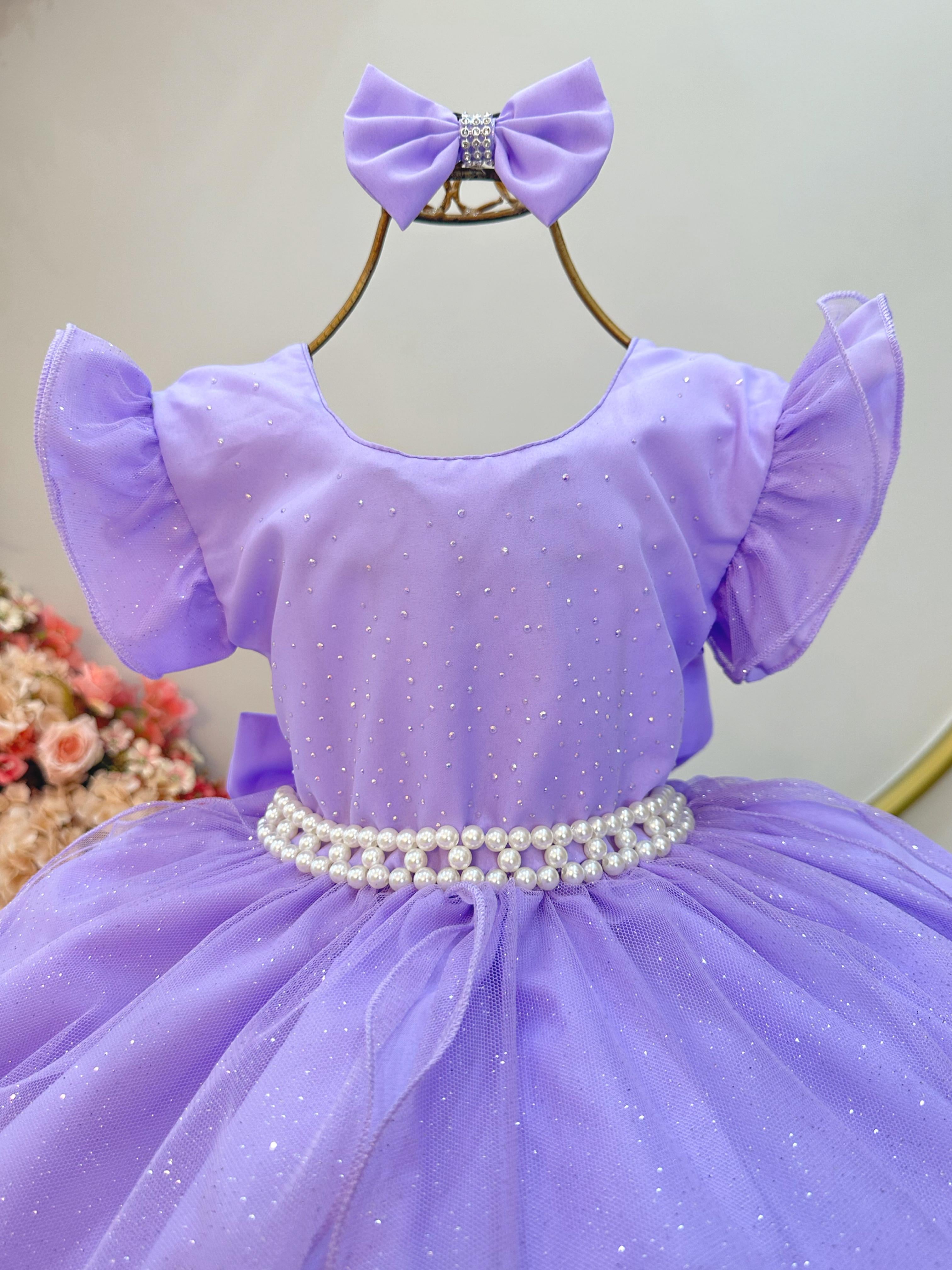 Vestido Infantil Lilás Saia C/ Tule e Glitter Festa Daminhas