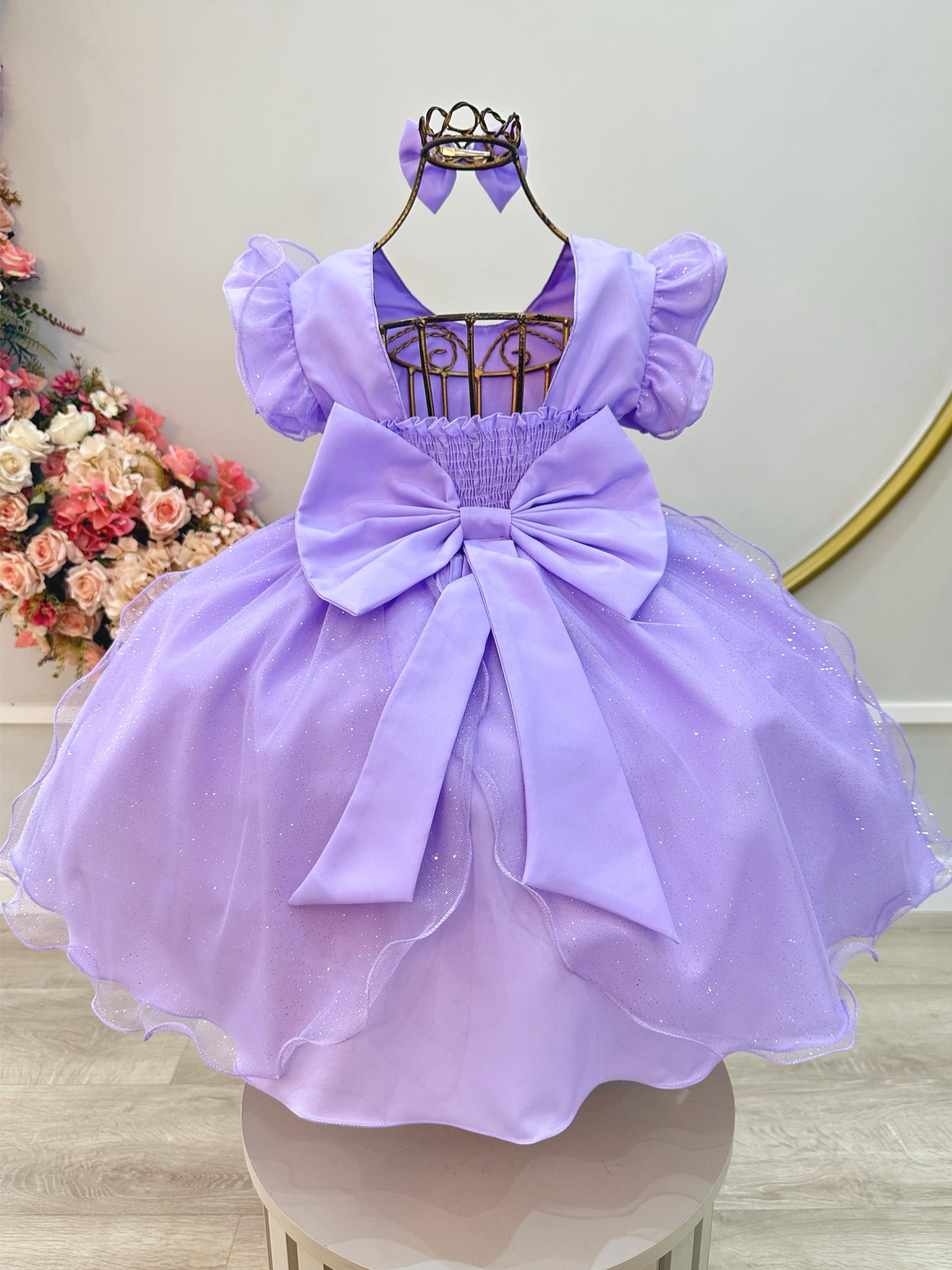 Vestido Infantil Lilás Saia C/ Tule e Glitter Festa Daminhas