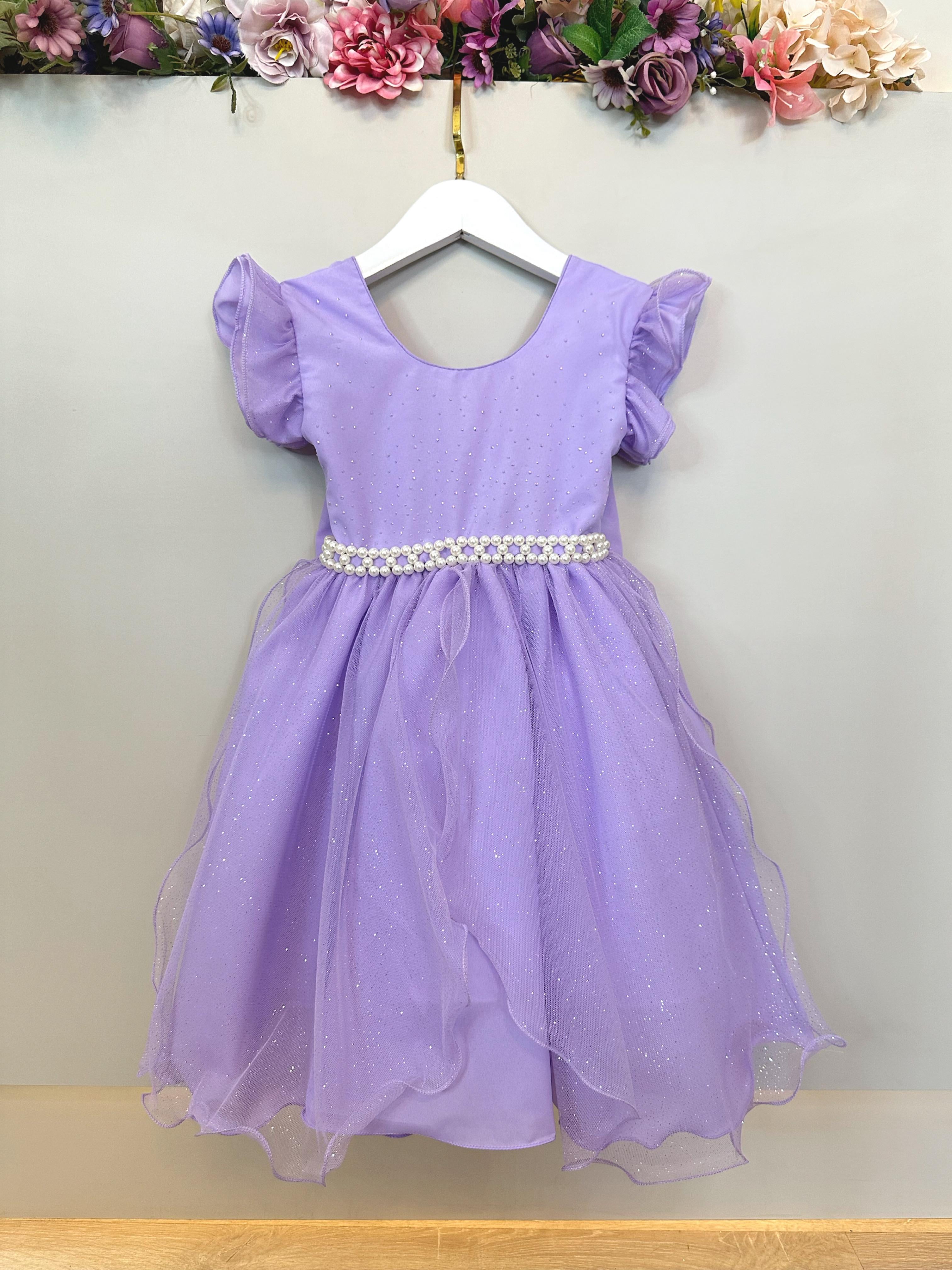 Vestido Infantil Lilás Saia C/ Tule e Glitter Festa Daminhas