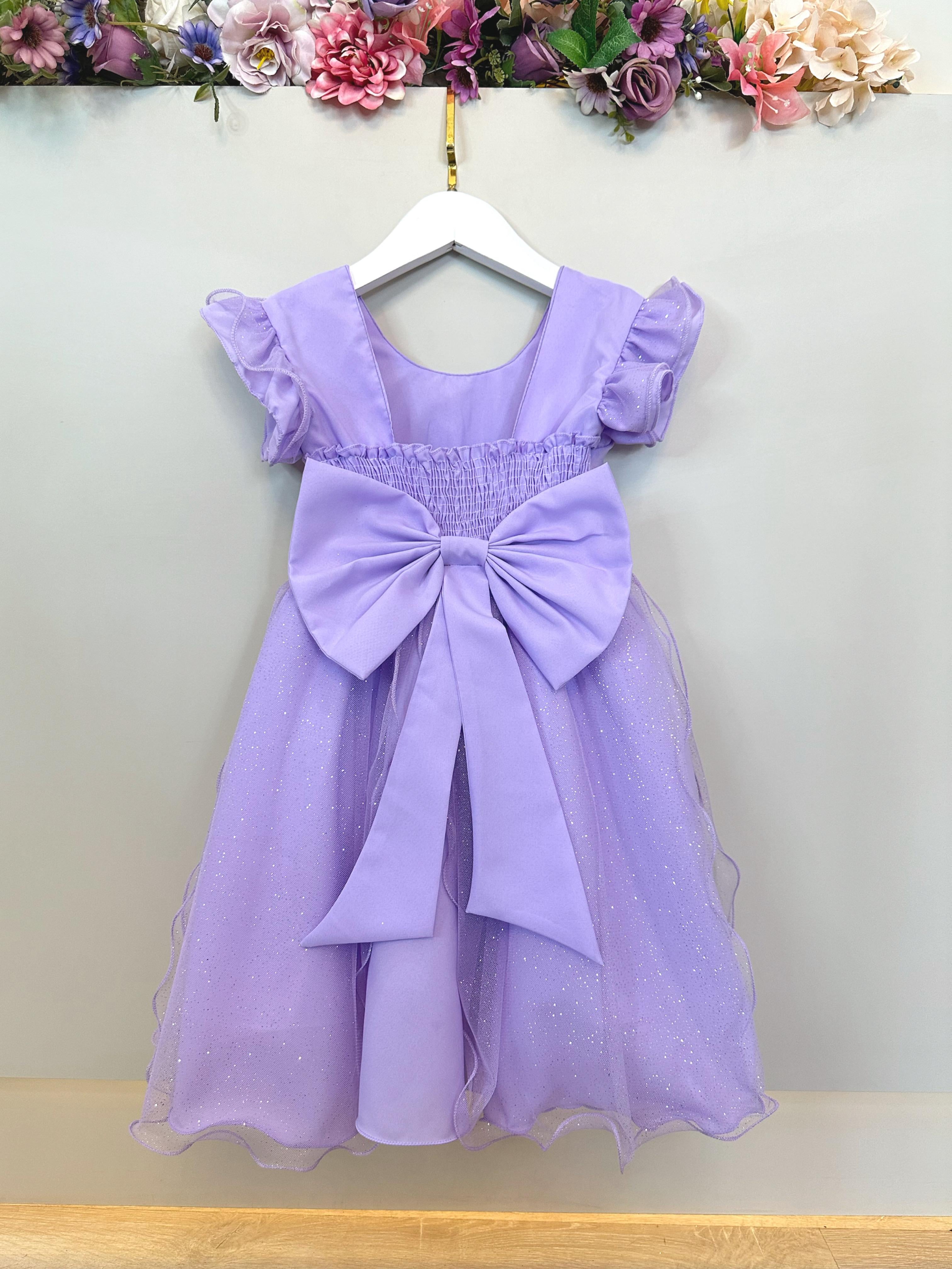 Vestido Infantil Lilás Saia C/ Tule e Glitter Festa Daminhas