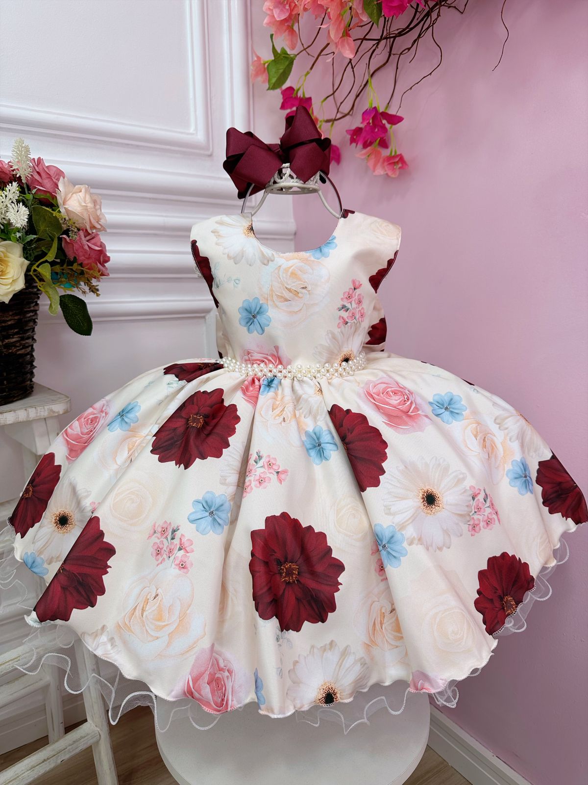 Vestido Infantil Marfim Flores Primavera Cinto de Pérolas