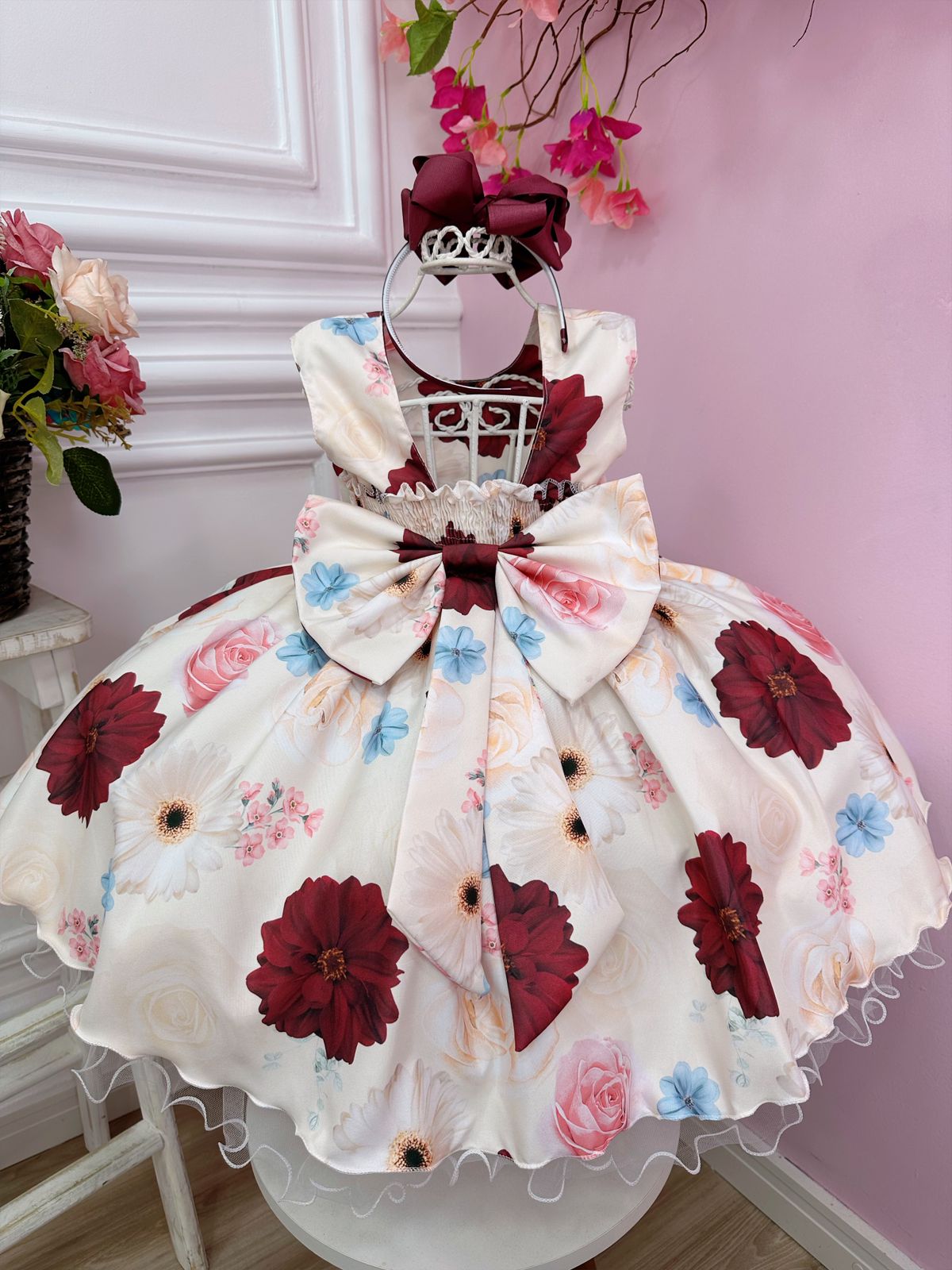 Vestido Infantil Marfim Flores Primavera Cinto de Pérolas