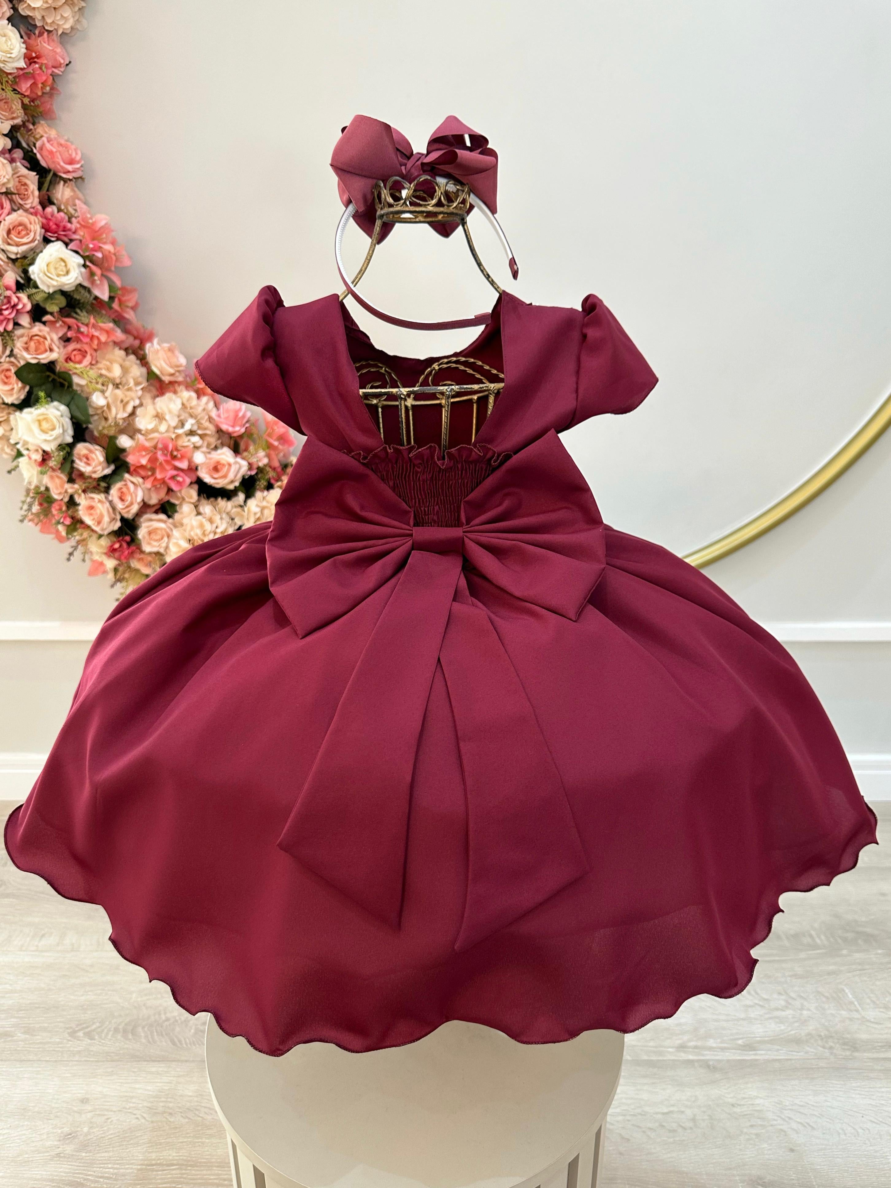 Vestido Infantil Marsala Com Busto Nervura Pérolas Daminha