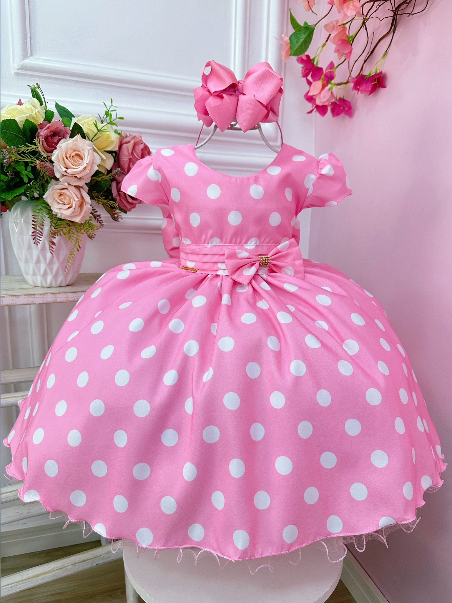 Vestido Infantil Minnie Rosa Bolinas Brancas Aplique de Laço