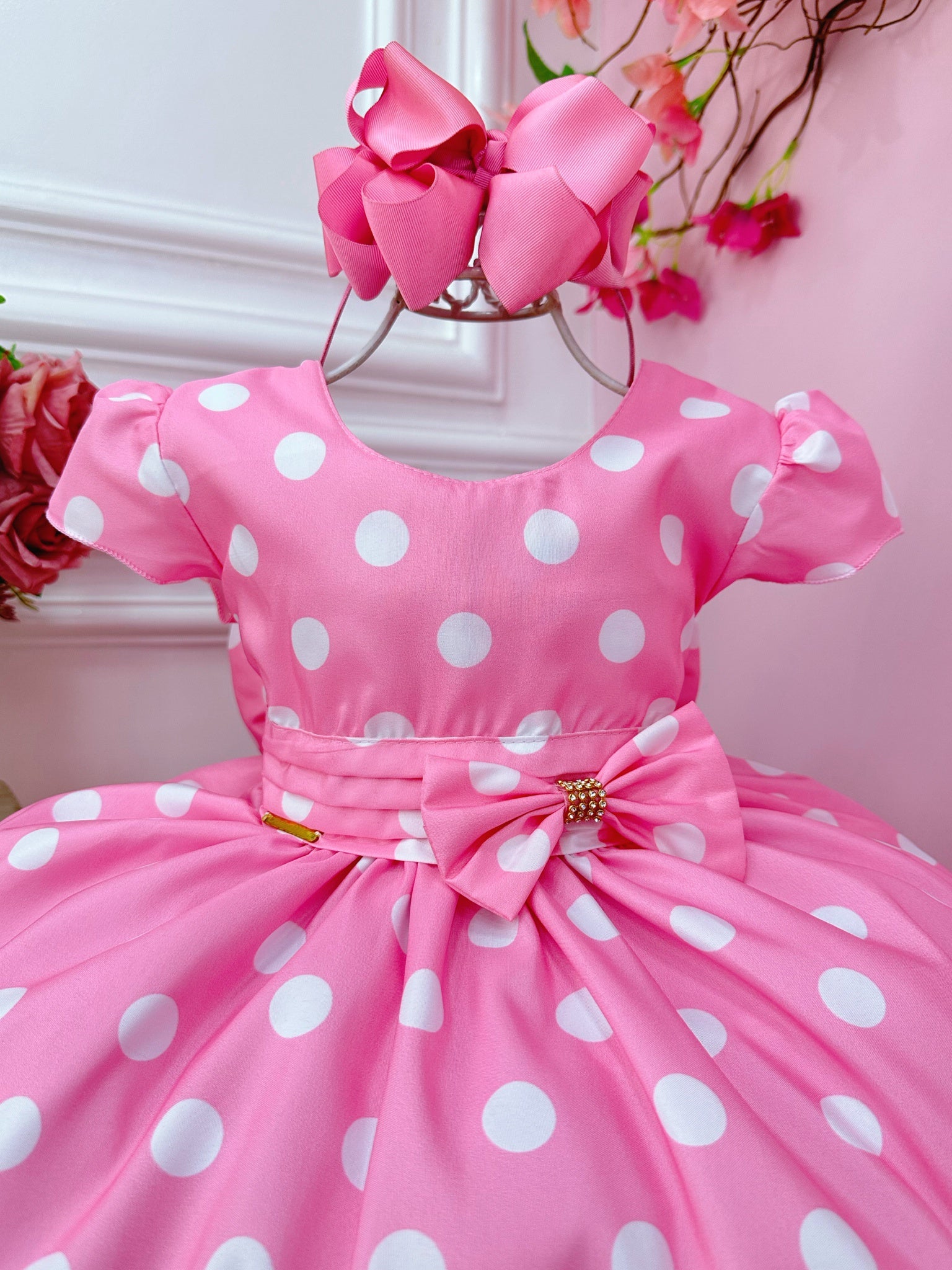 Vestido Infantil Minnie Rosa Bolinas Brancas Aplique de Laço