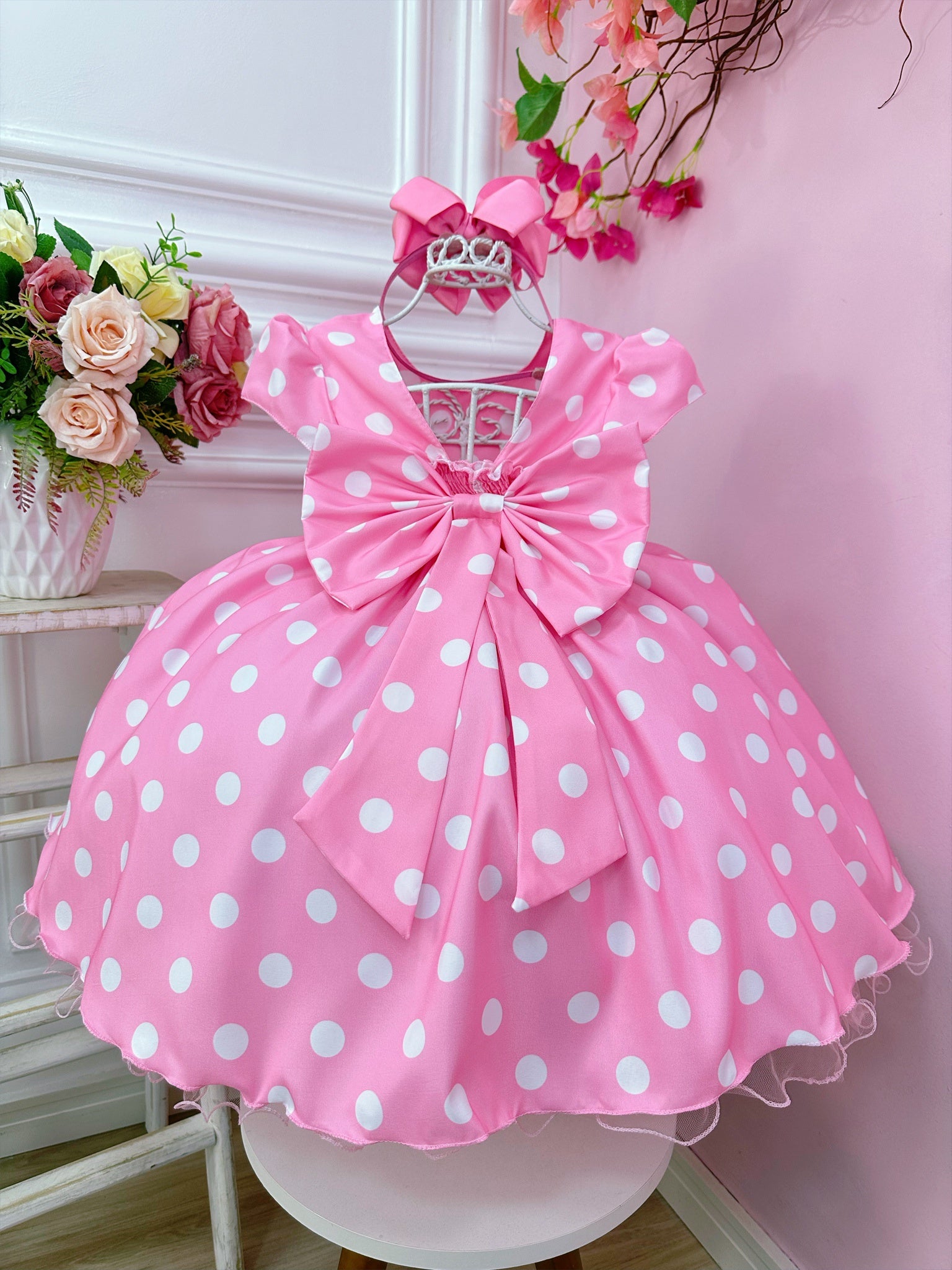 Vestido Infantil Minnie Rosa Bolinas Brancas Aplique de Laço