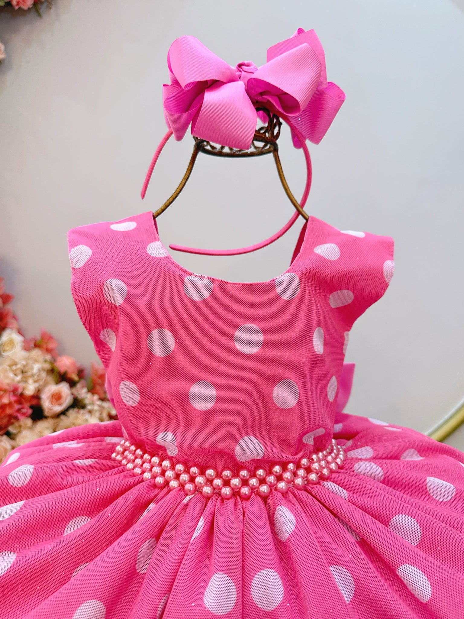 Vestido Infantil Minnie Rosa Bolinhas Brancas Festas Luxo