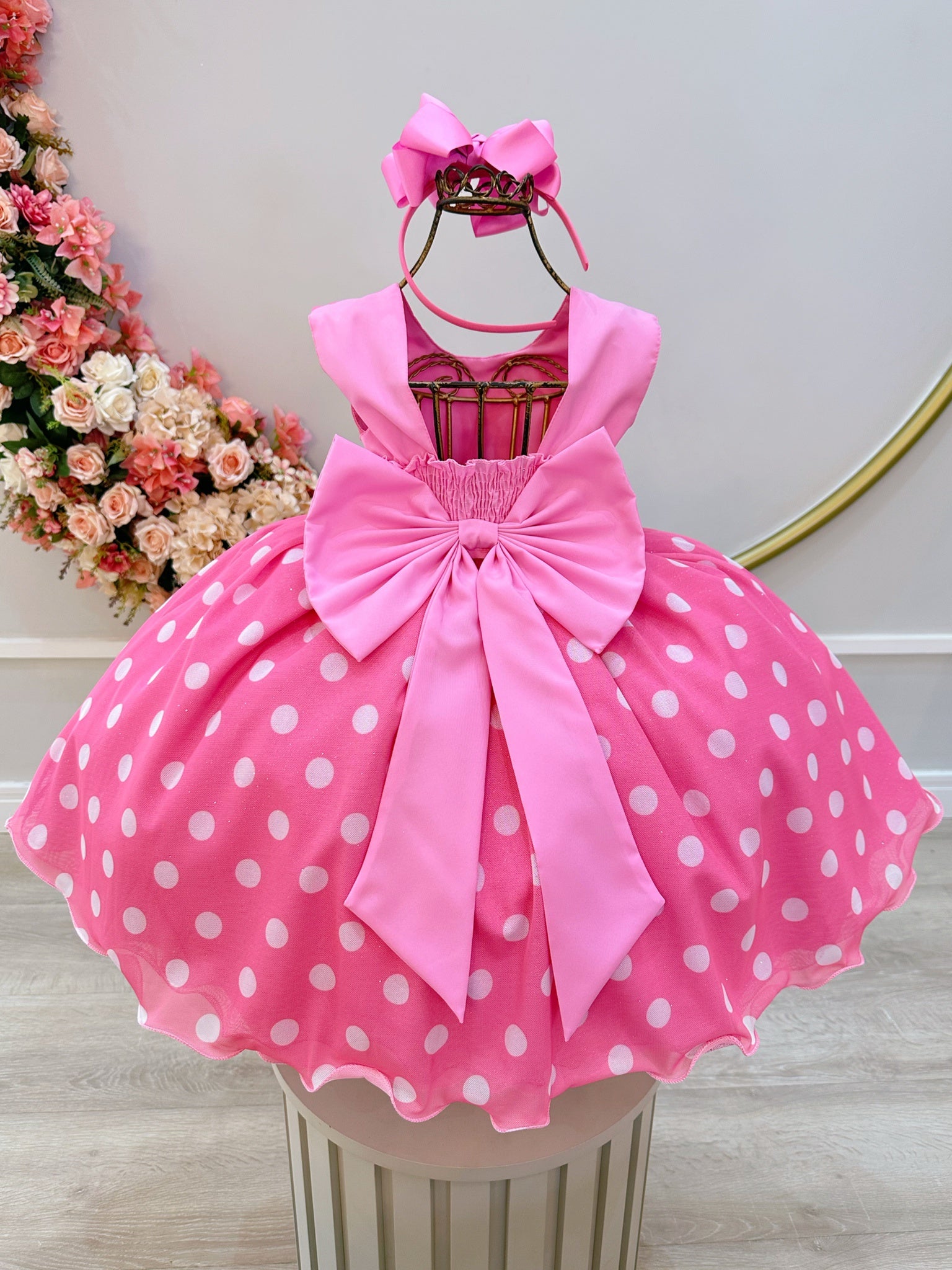 Vestido Infantil Minnie Rosa Bolinhas Brancas Festas Luxo