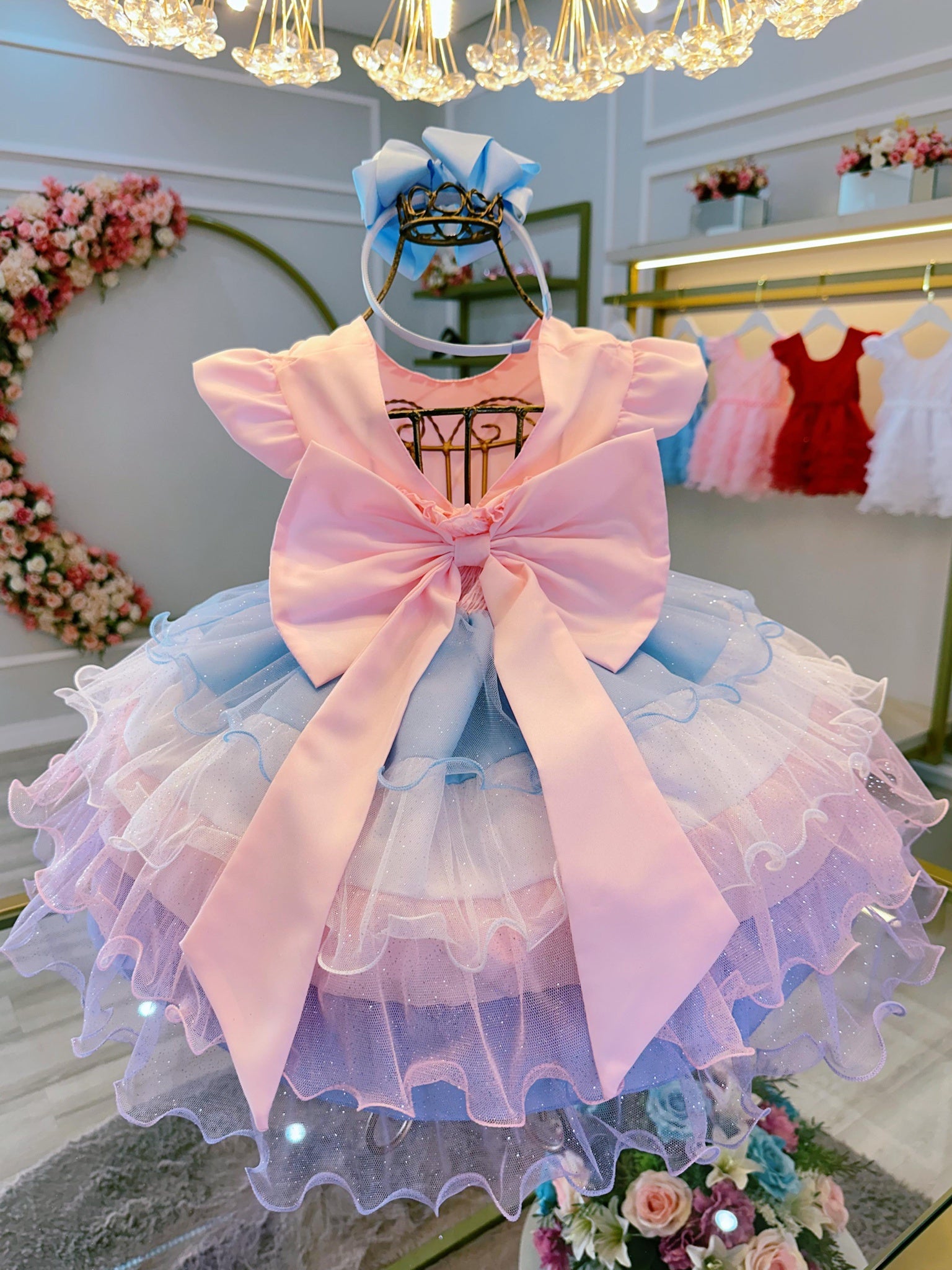 Vestido Infantil Rosa Busto Nervura Saia Babados Coloridos