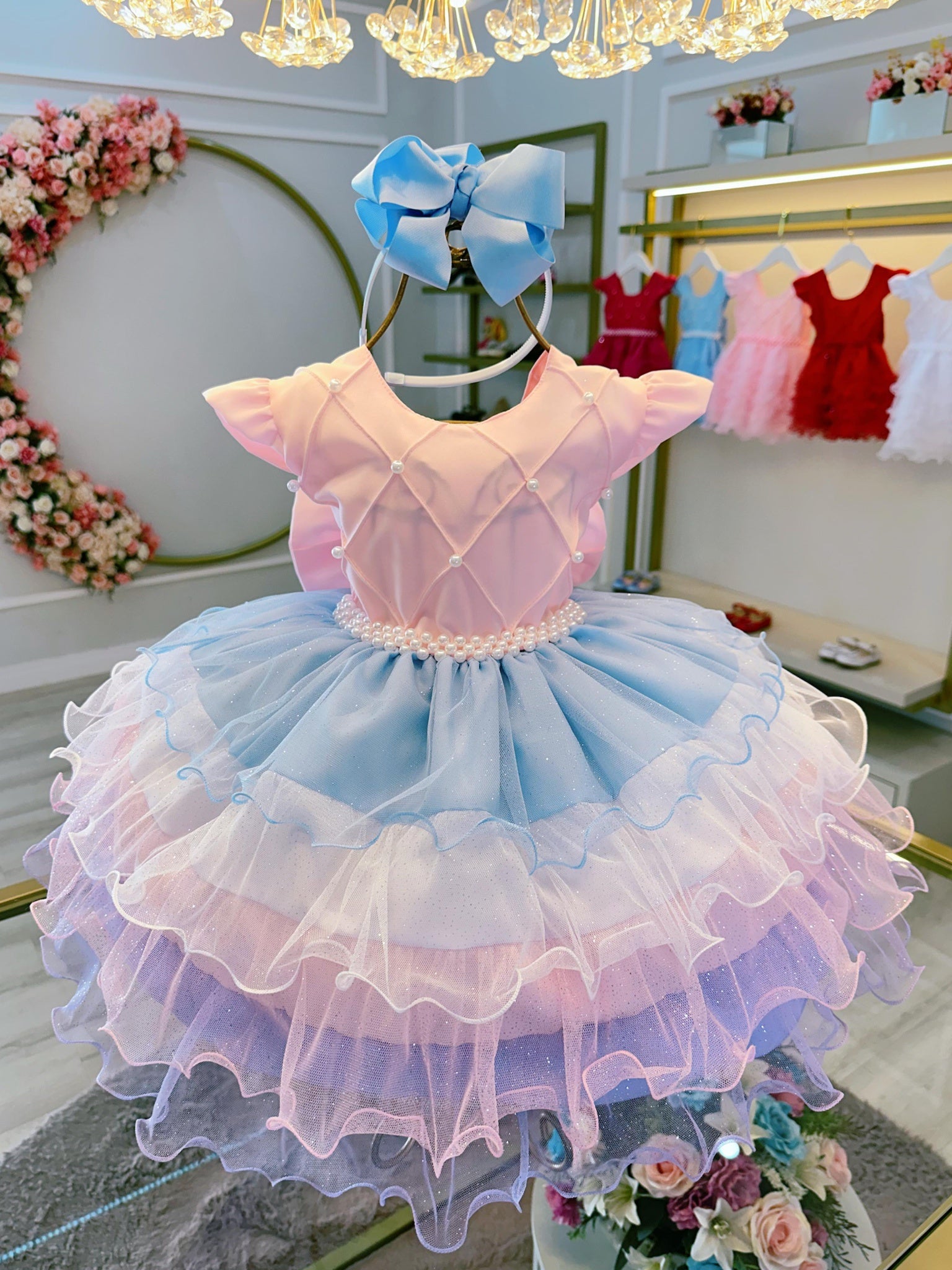 Vestido Infantil Rosa Busto Nervura Saia Babados Coloridos