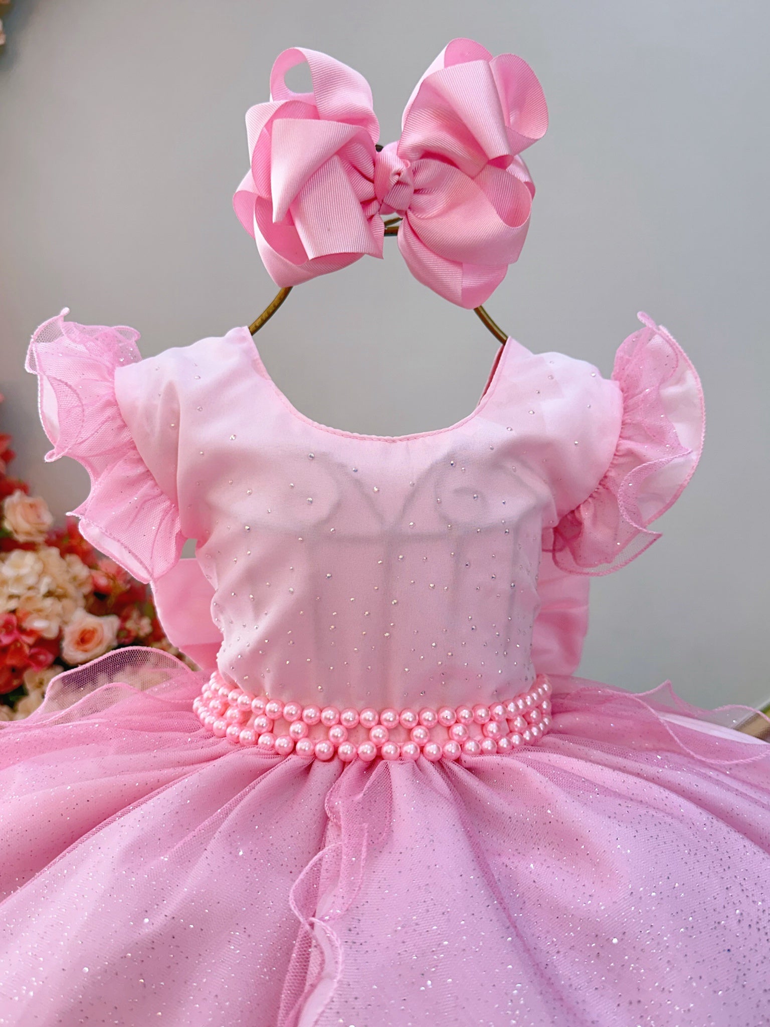Vestido Infantil Rosa Claro Saia C/ Tule e Glitter Daminha