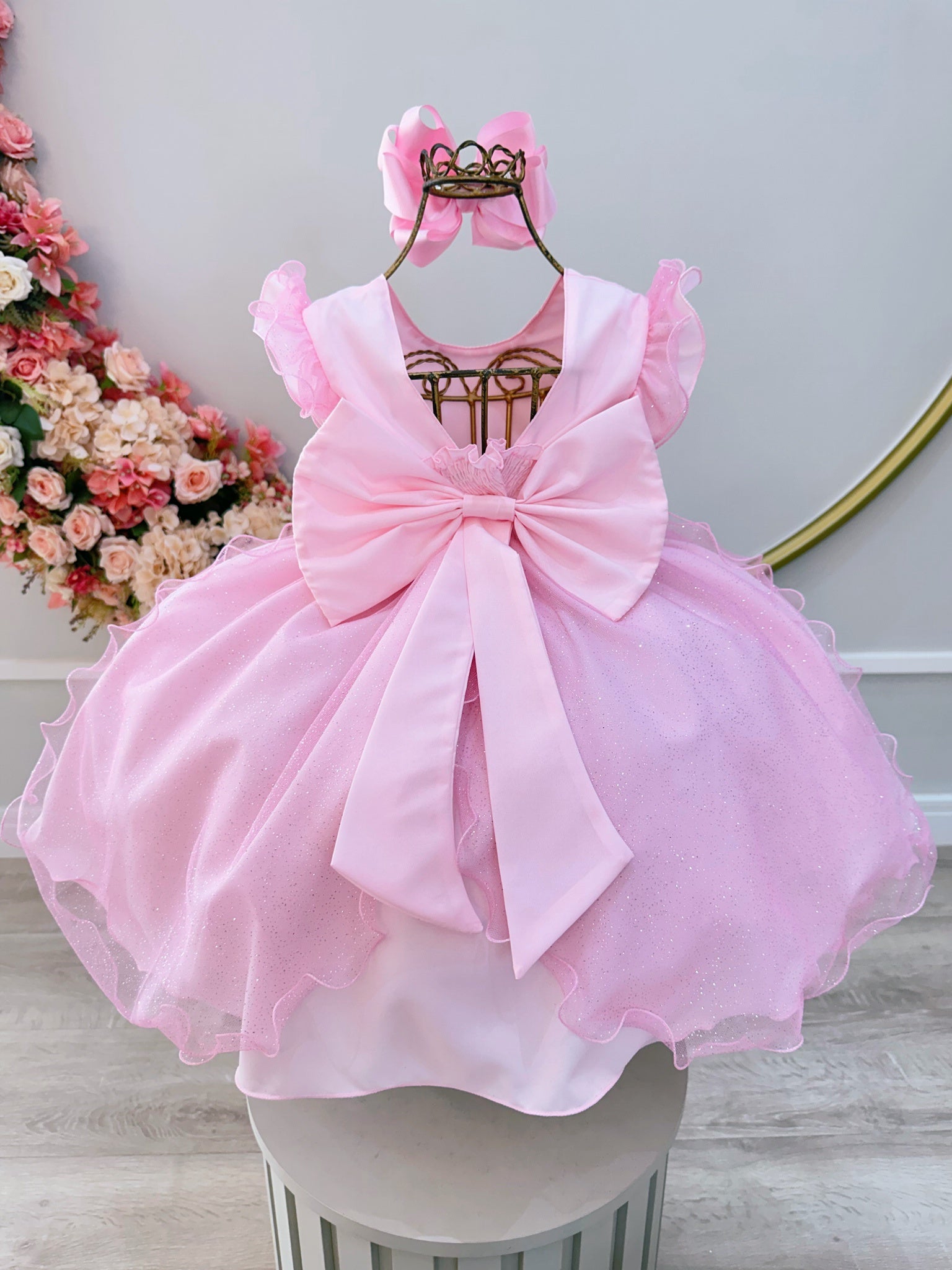 Vestido Infantil Rosa Claro Saia C/ Tule e Glitter Daminha