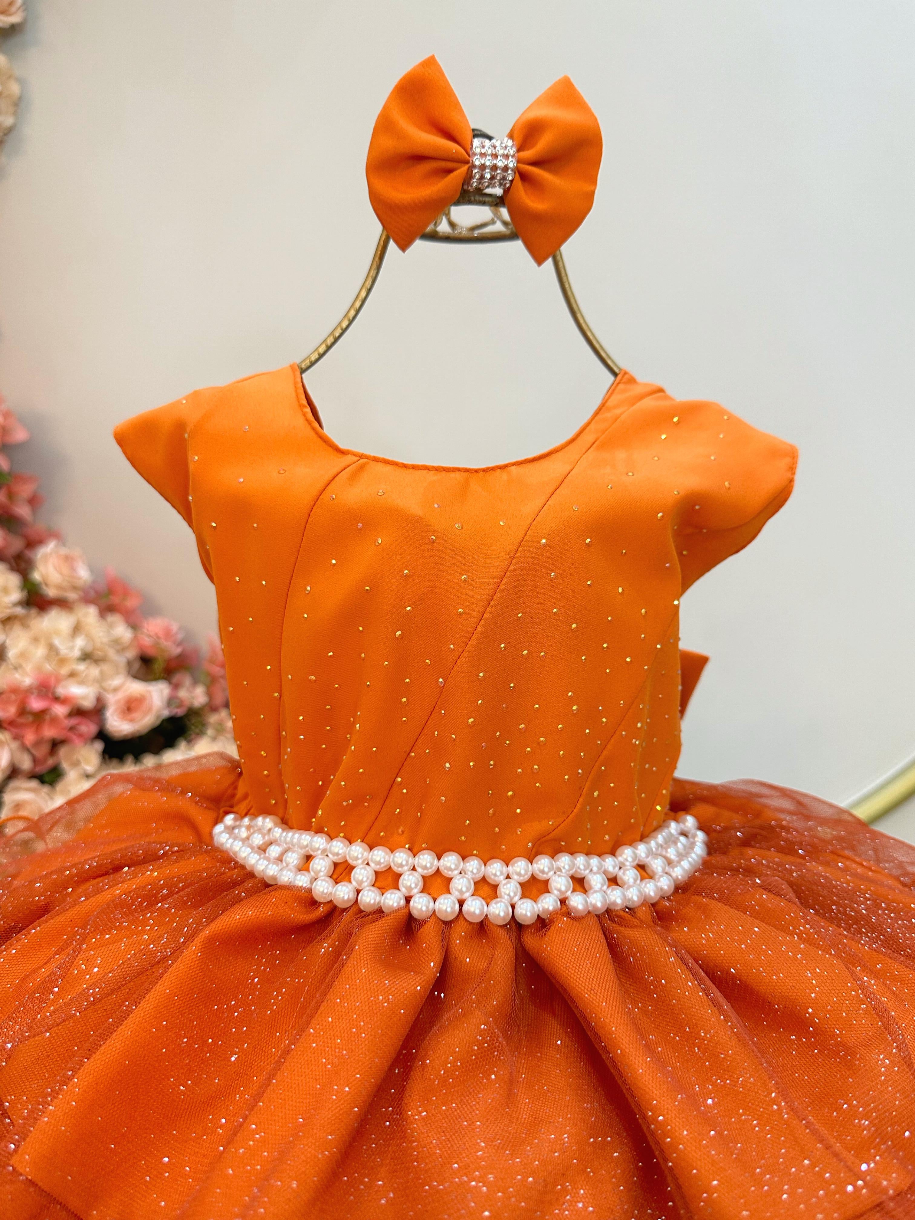 Vestido Infantil Terracota Saia C/ Babados e Glitter Daminha