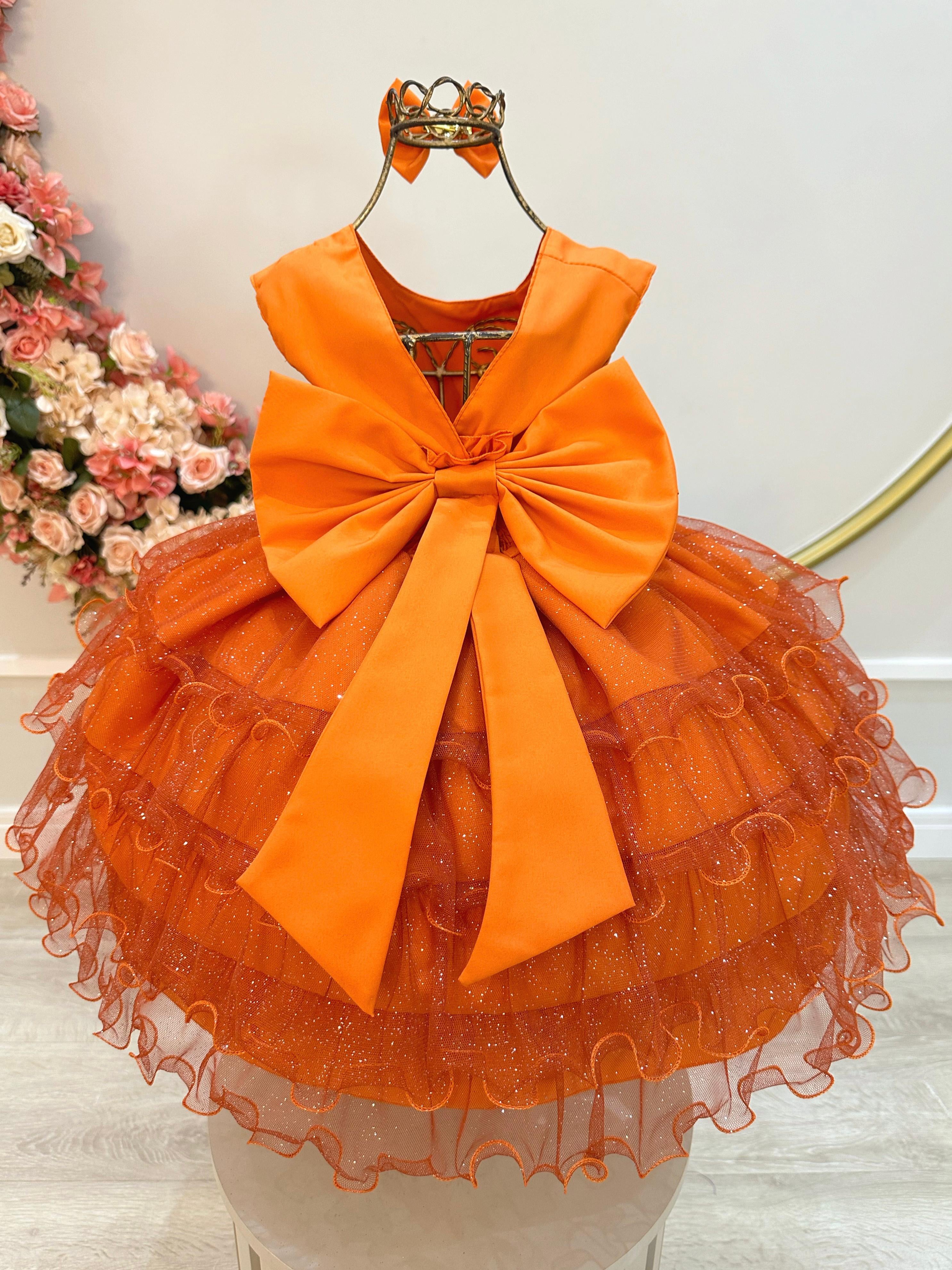 Vestido Infantil Terracota Saia C/ Babados e Glitter Daminha