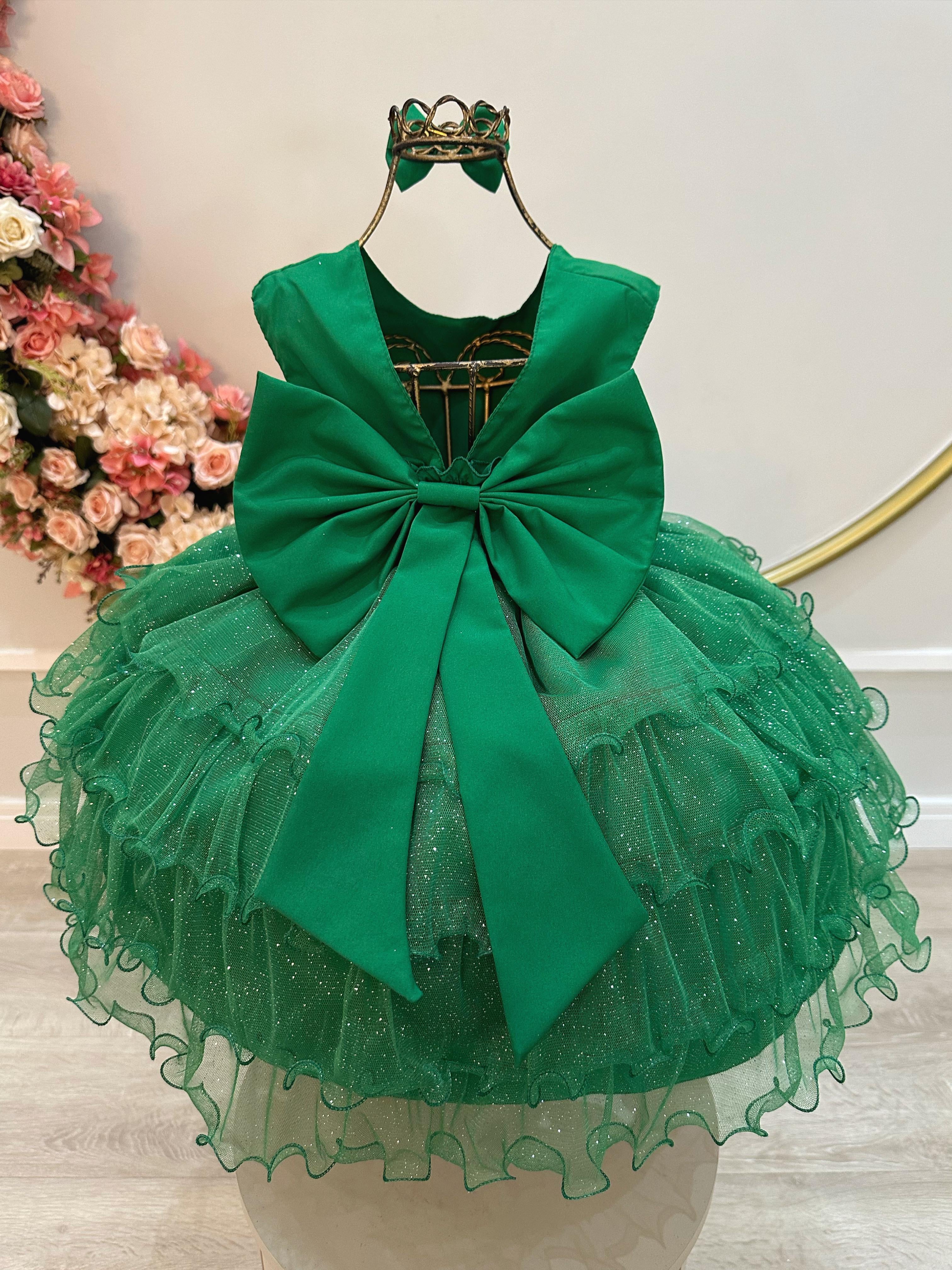 Vestido Infantil Verde Saia Babado e Glitter Pérolas Daminha
