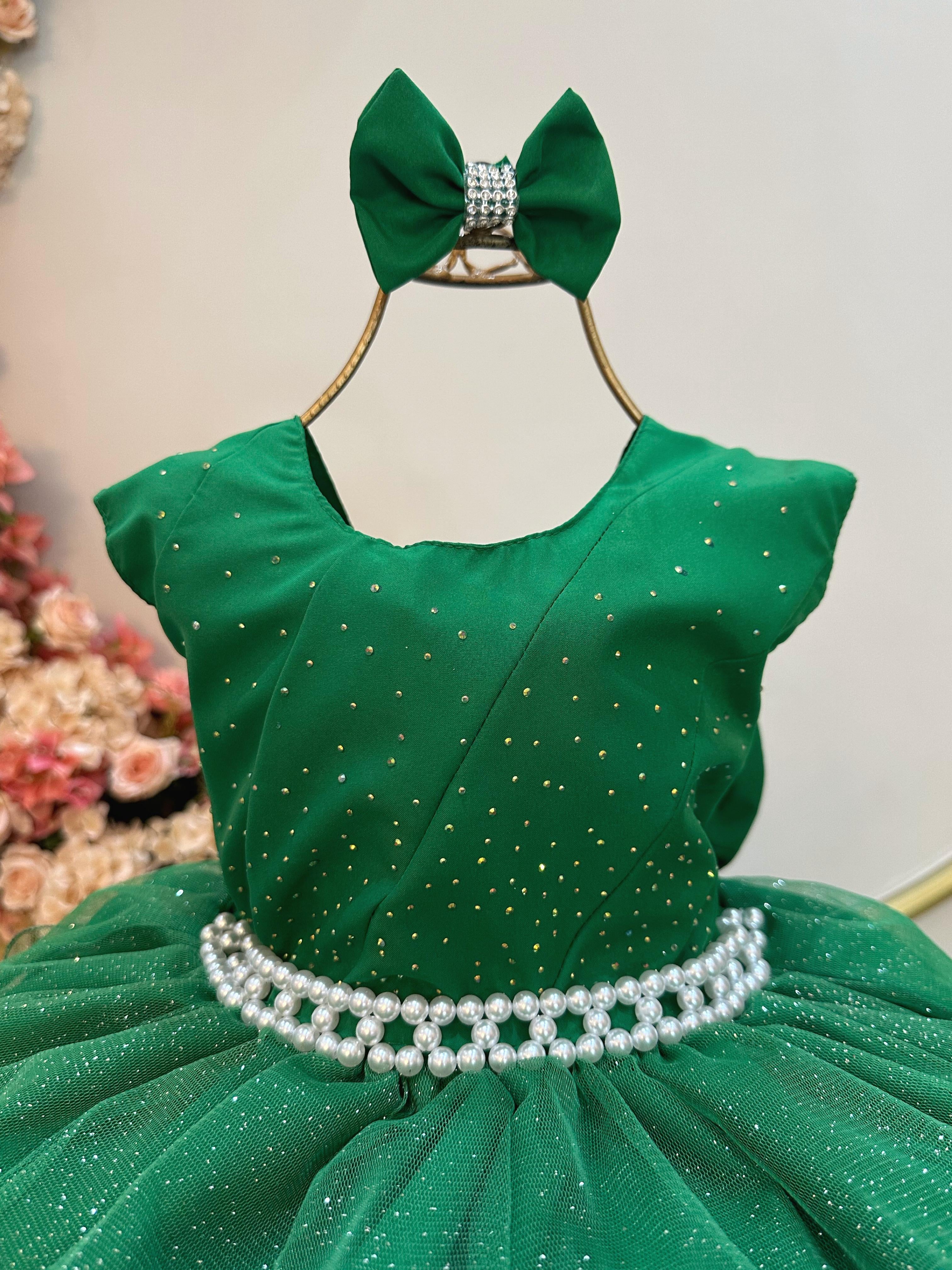 Vestido Infantil Verde Saia Babado e Glitter Pérolas Daminha