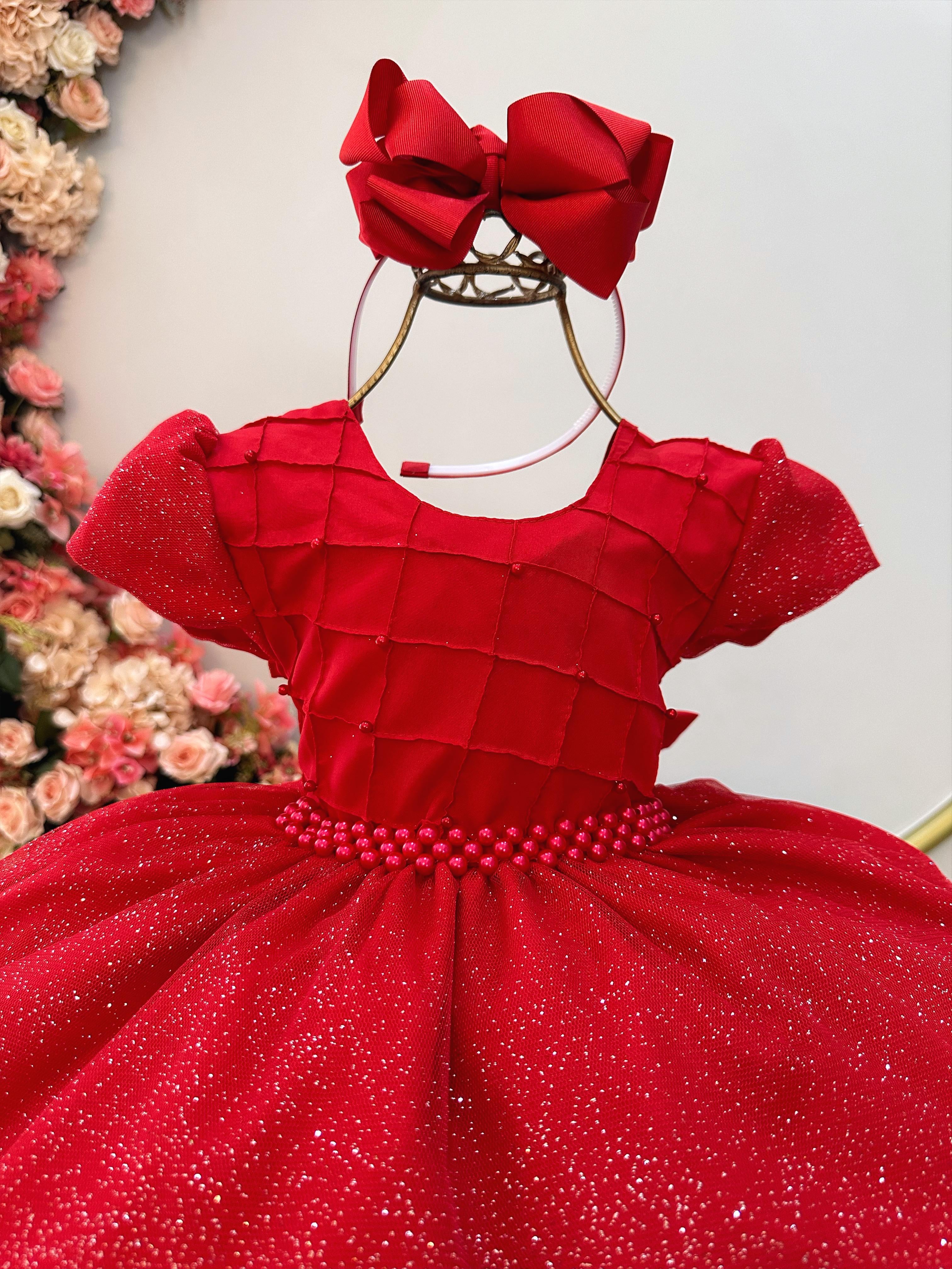 Vestido Infantil Vermelho Busto Nervura Pérolas e Glitter