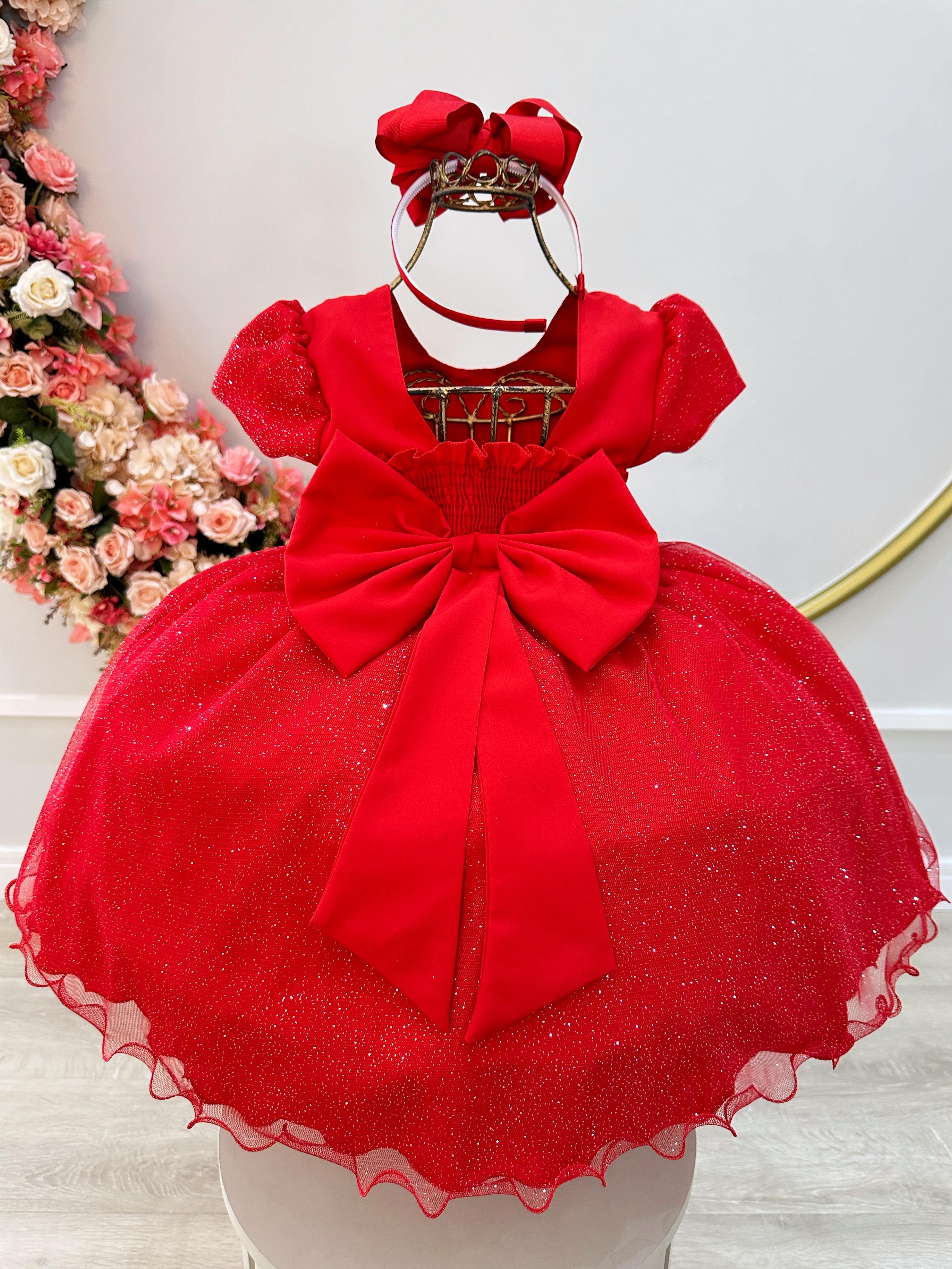 Vestido Infantil Vermelho Busto Nervura Pérolas e Glitter