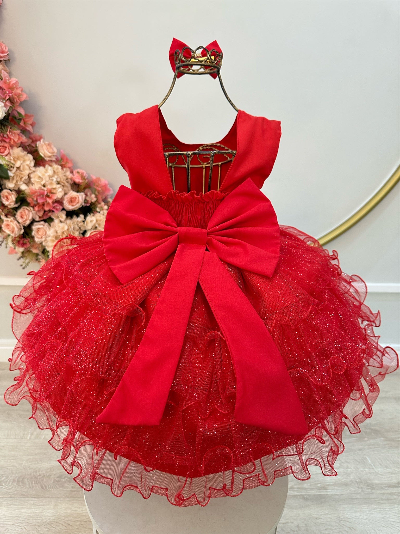 Vestido Infantil Vermelho Saia C/ Babados e Glitter Daminhas