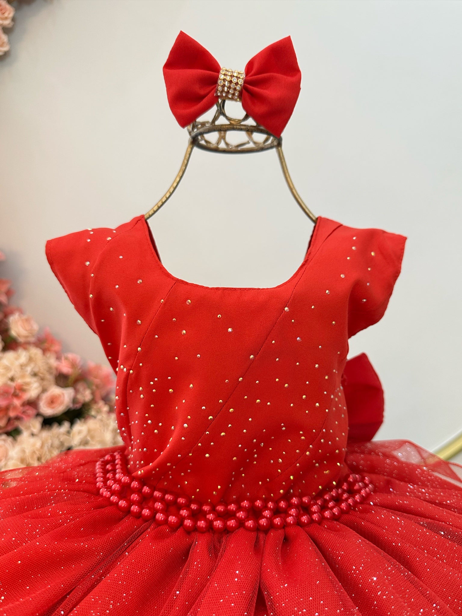 Vestido Infantil Vermelho Saia C/ Babados e Glitter Daminhas