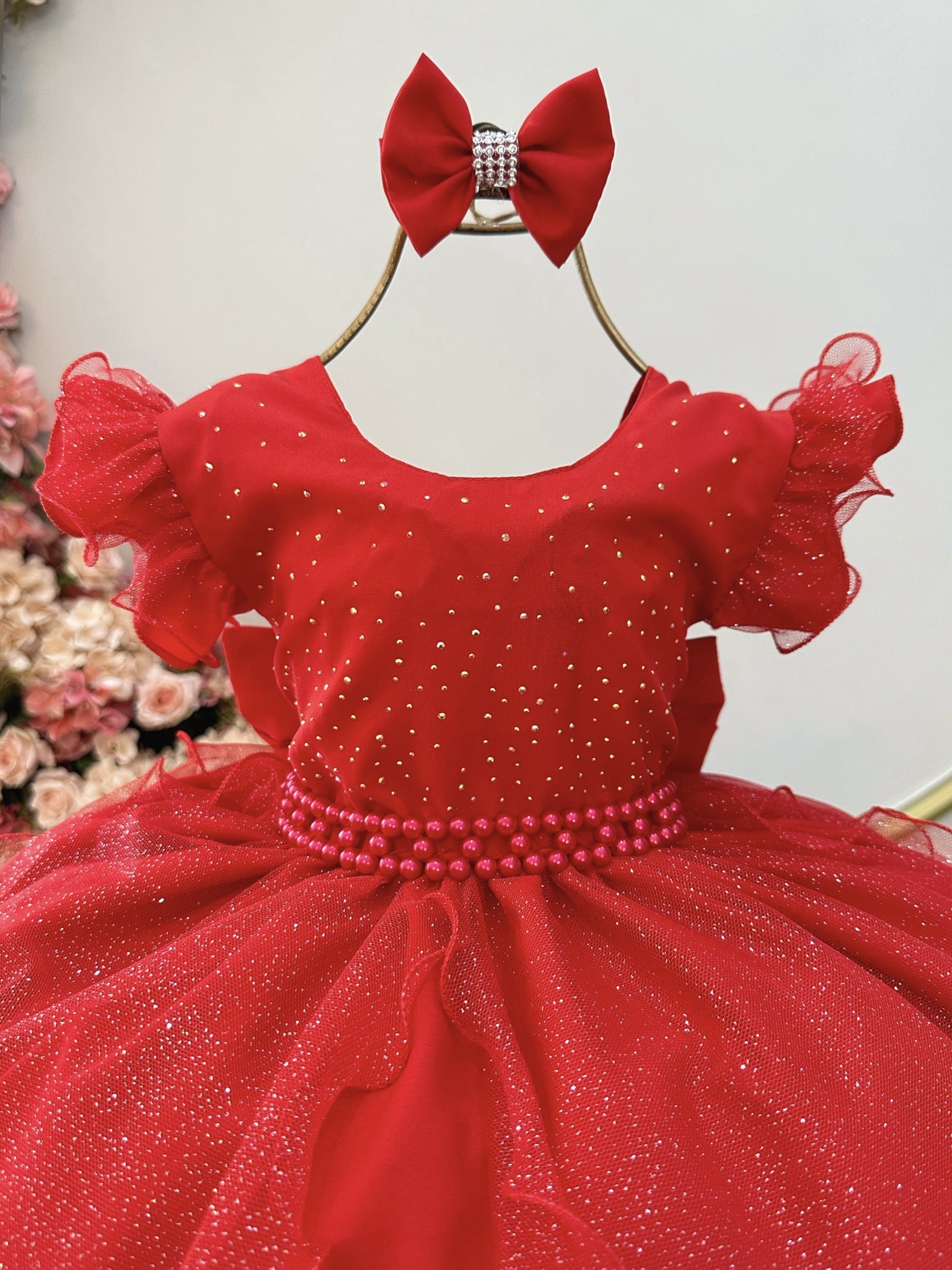 Vestido Infantil Vermelho Saia C/ Tule e Glitter Daminha