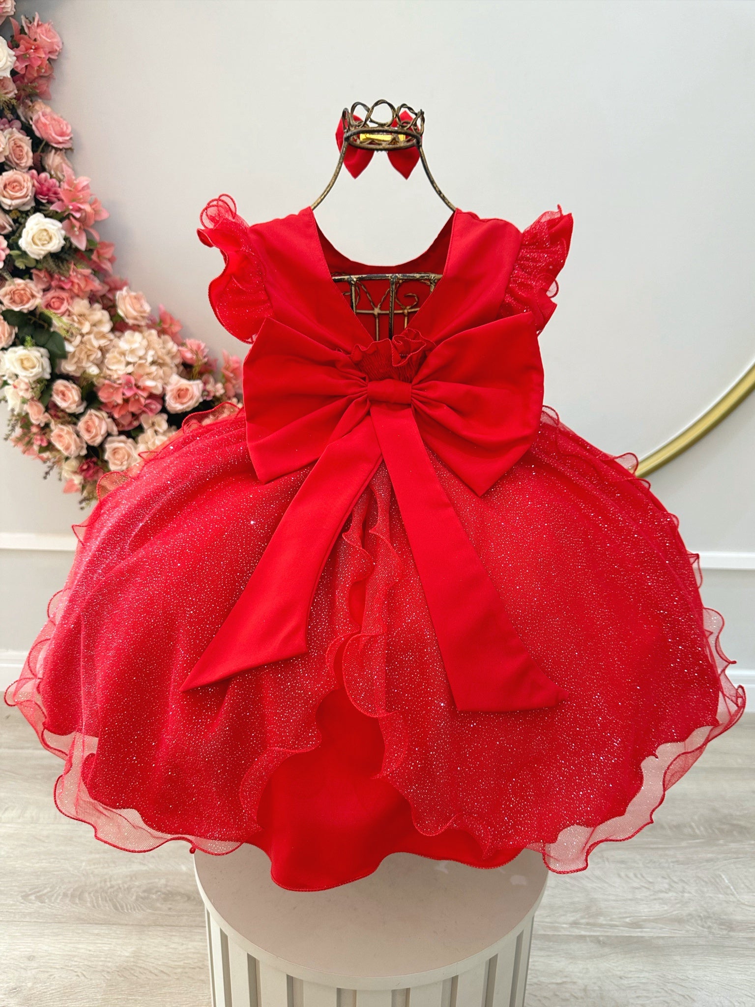 Vestido Infantil Vermelho Saia C/ Tule e Glitter Daminha