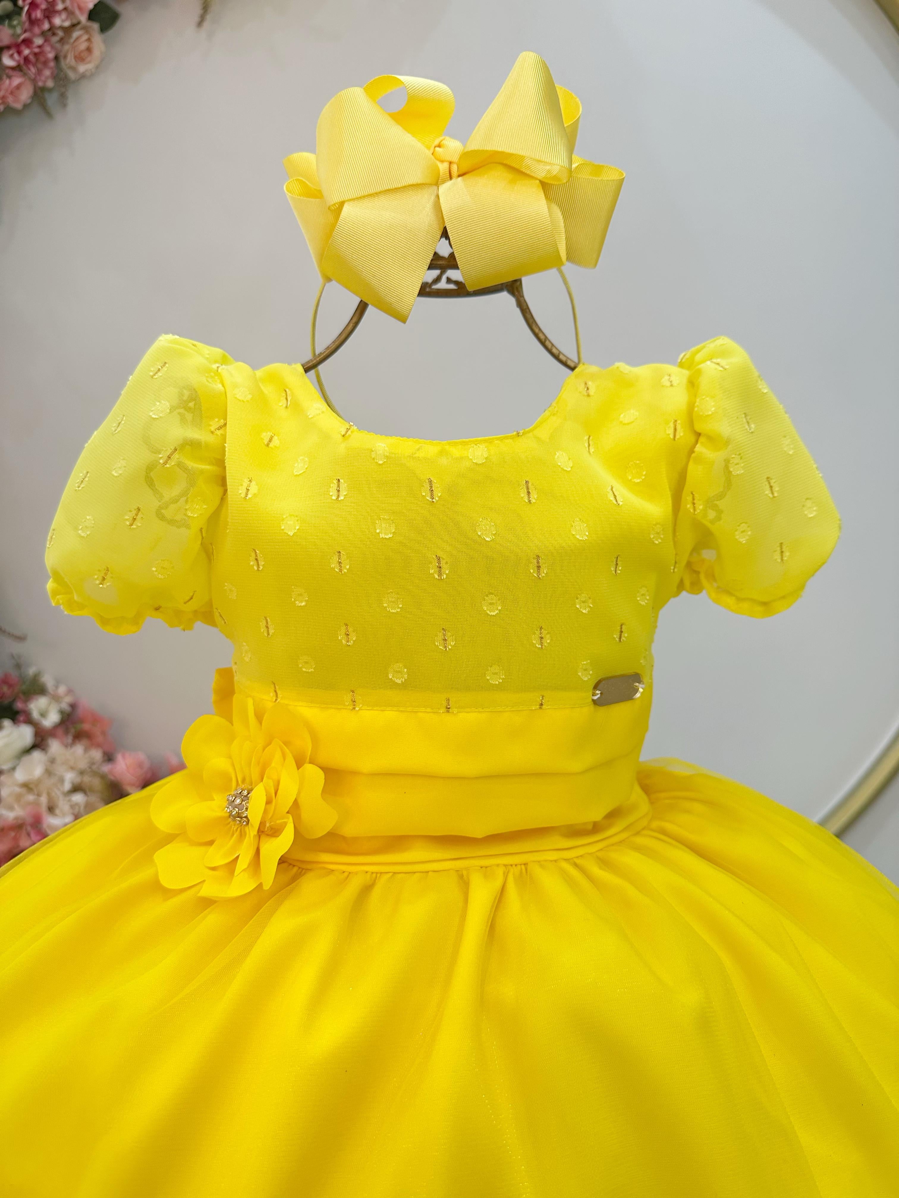 Vestido Infantil Longo Amarelo C/ Broche Flor Daminhas Festas