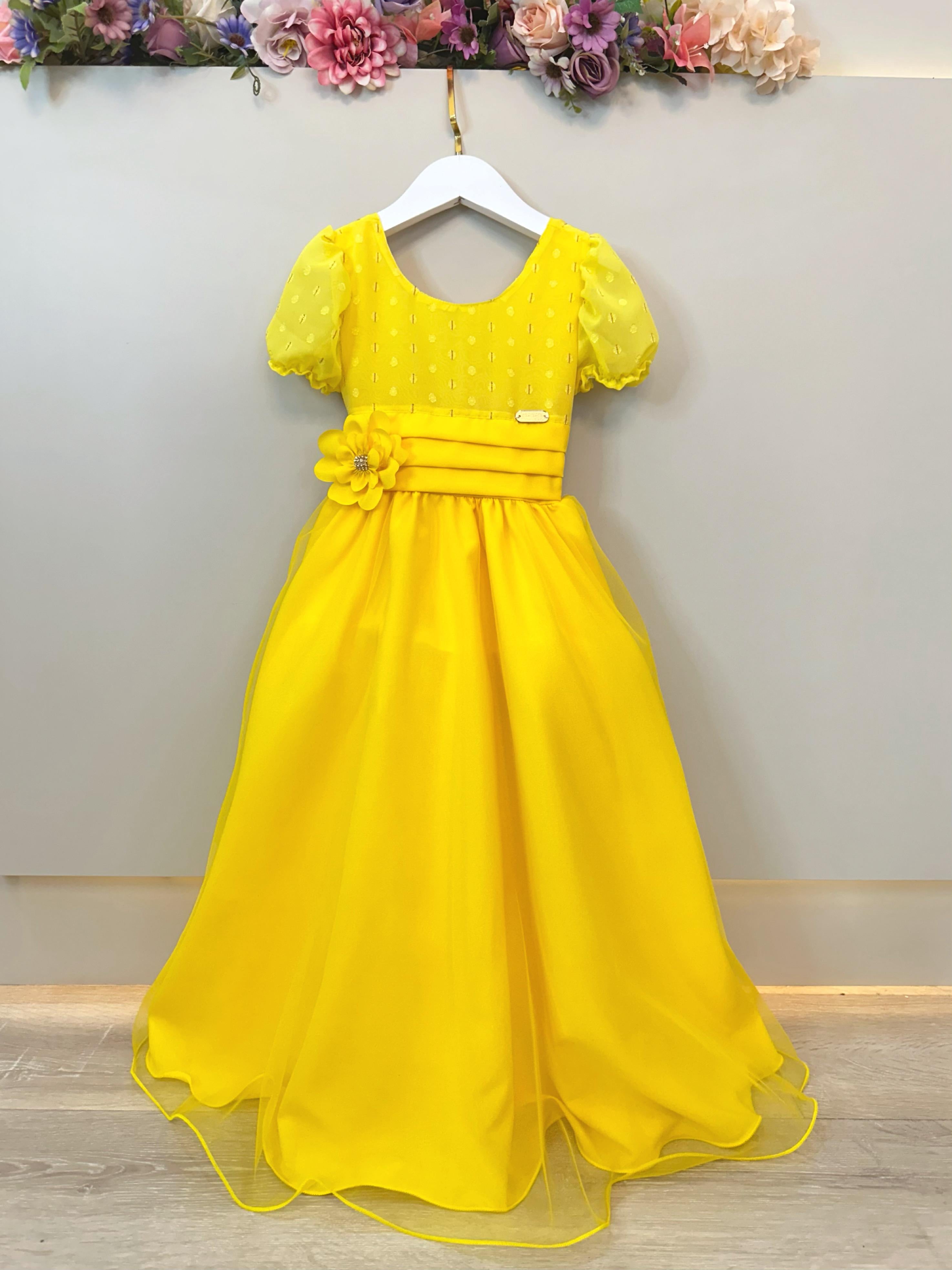 Vestido Infantil Longo Amarelo C/ Broche Flor Daminhas Festas