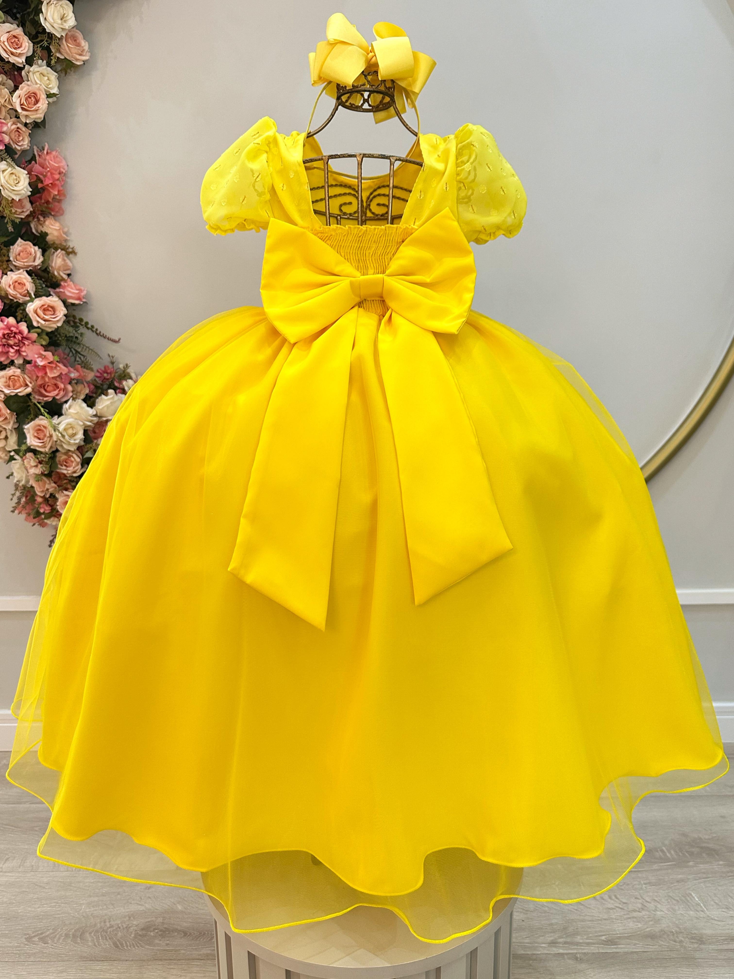Vestido Infantil Longo Amarelo C/ Broche Flor Daminhas Festas