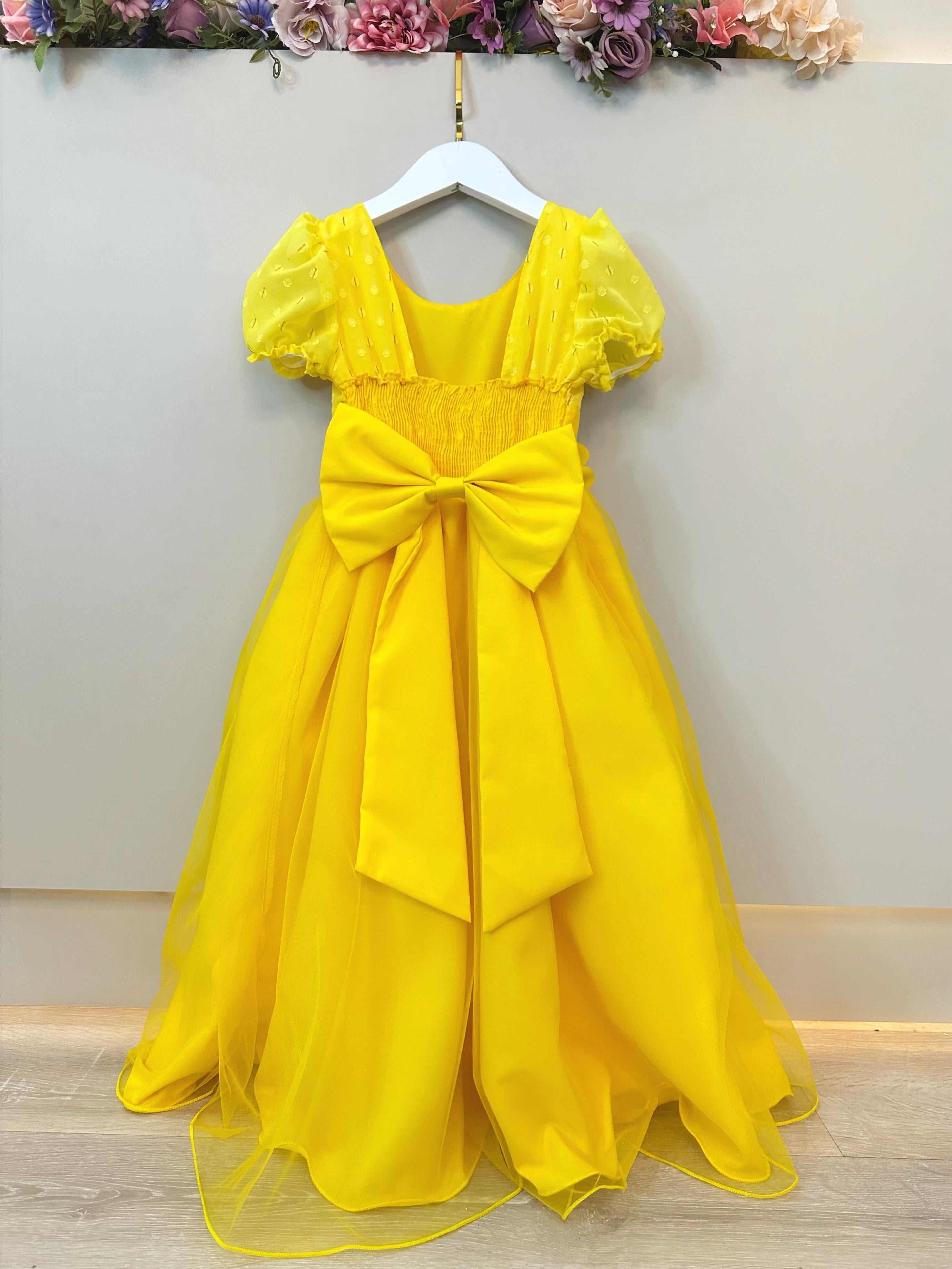 Vestido Infantil Longo Amarelo C/ Broche Flor Daminhas Festas