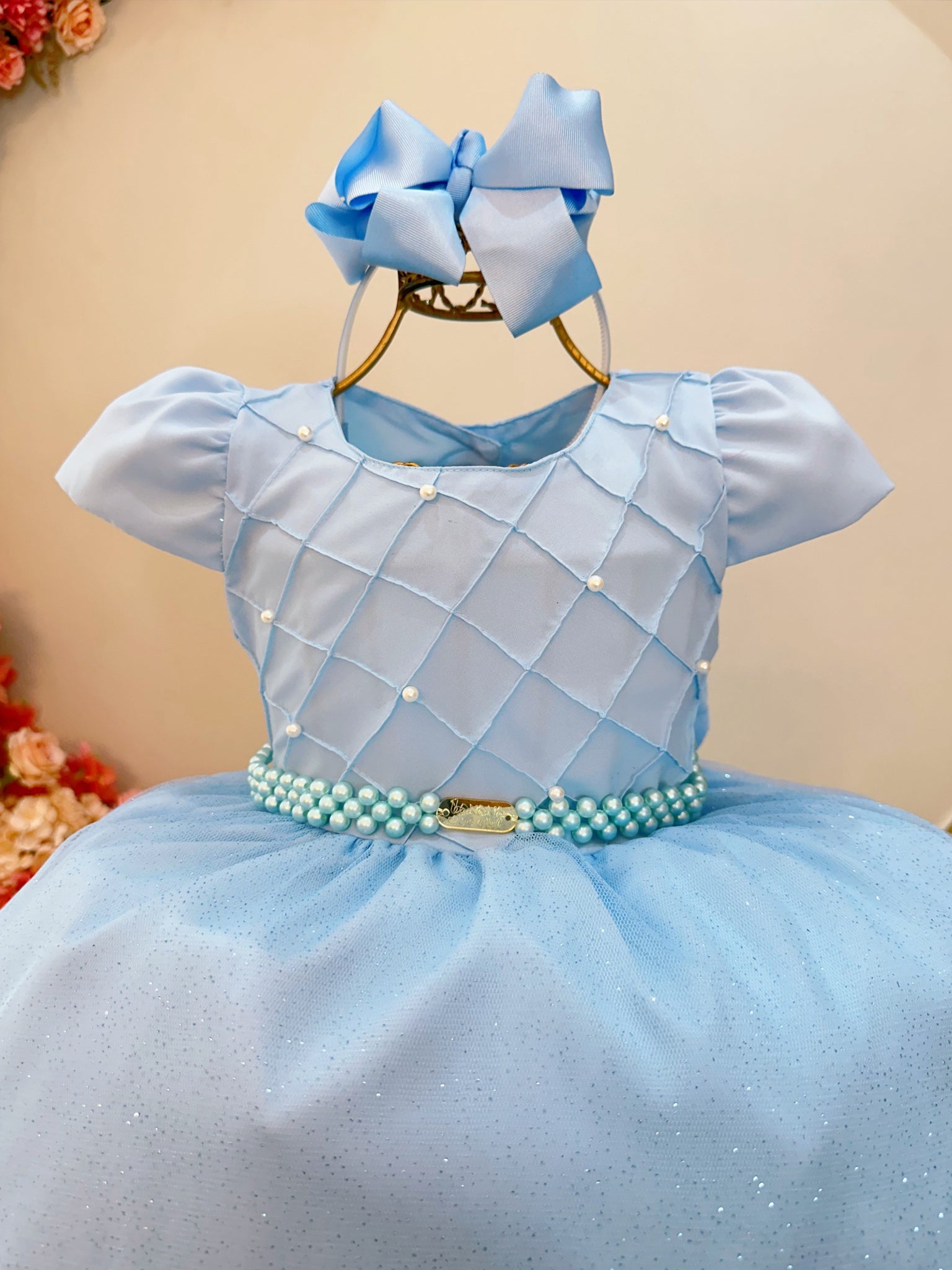 Vestido Infantil Longo Azul Claro Busto Nervura Festa Daminha