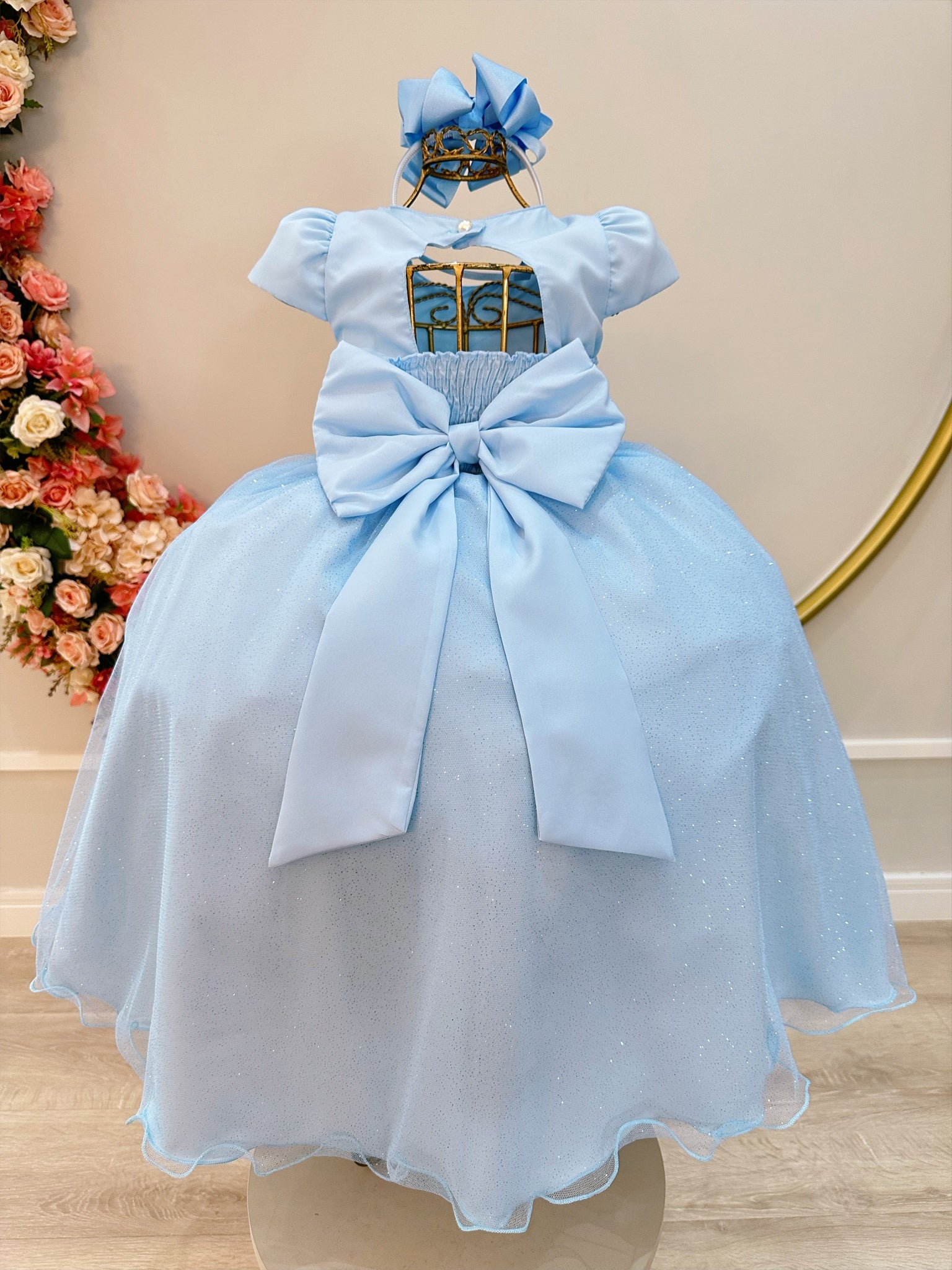 Vestido Infantil Longo Azul Claro Busto Nervura Festa Daminha