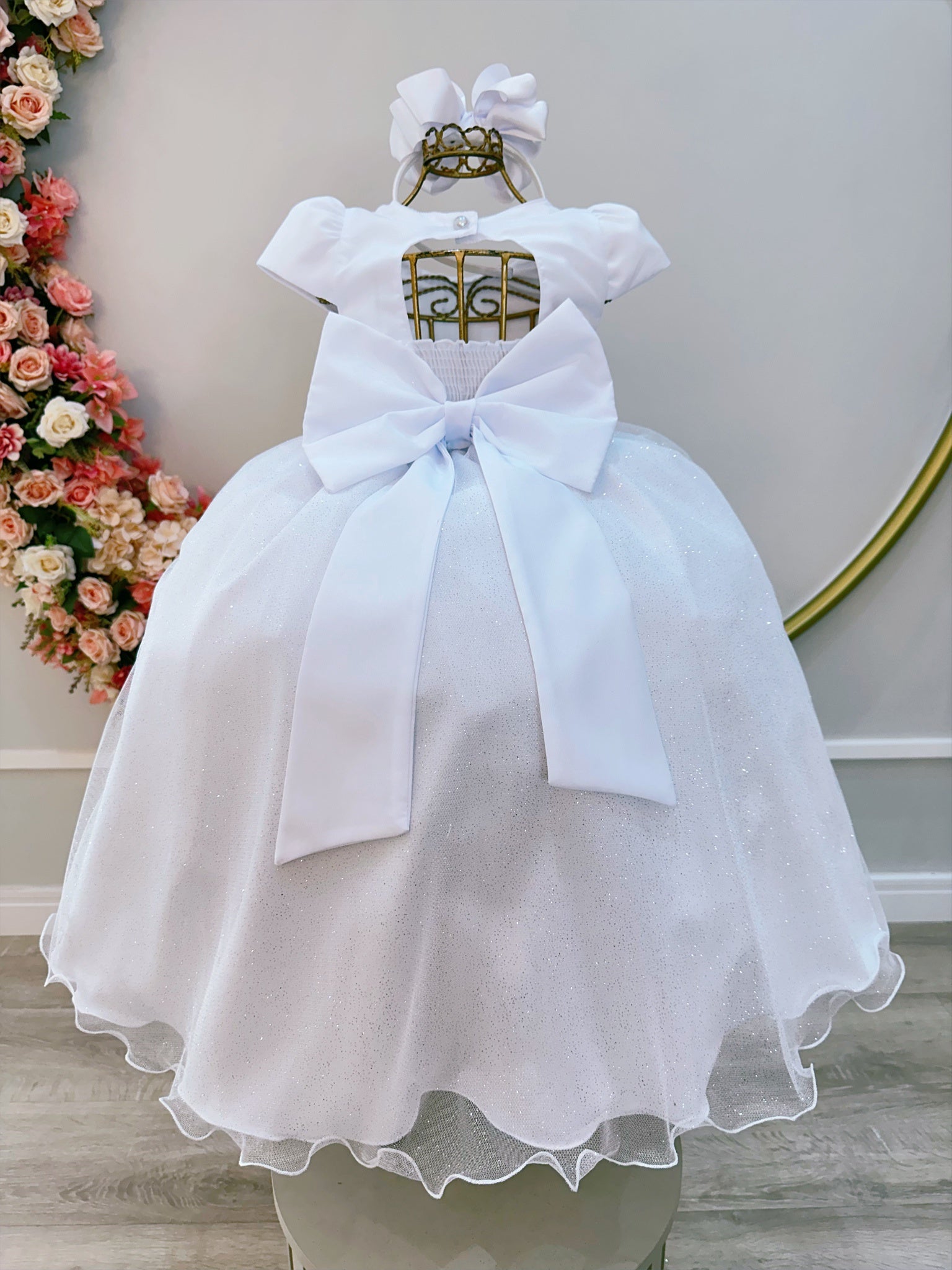 Vestido Infantil Longo Branco Busto Nervura Daminhas Festas