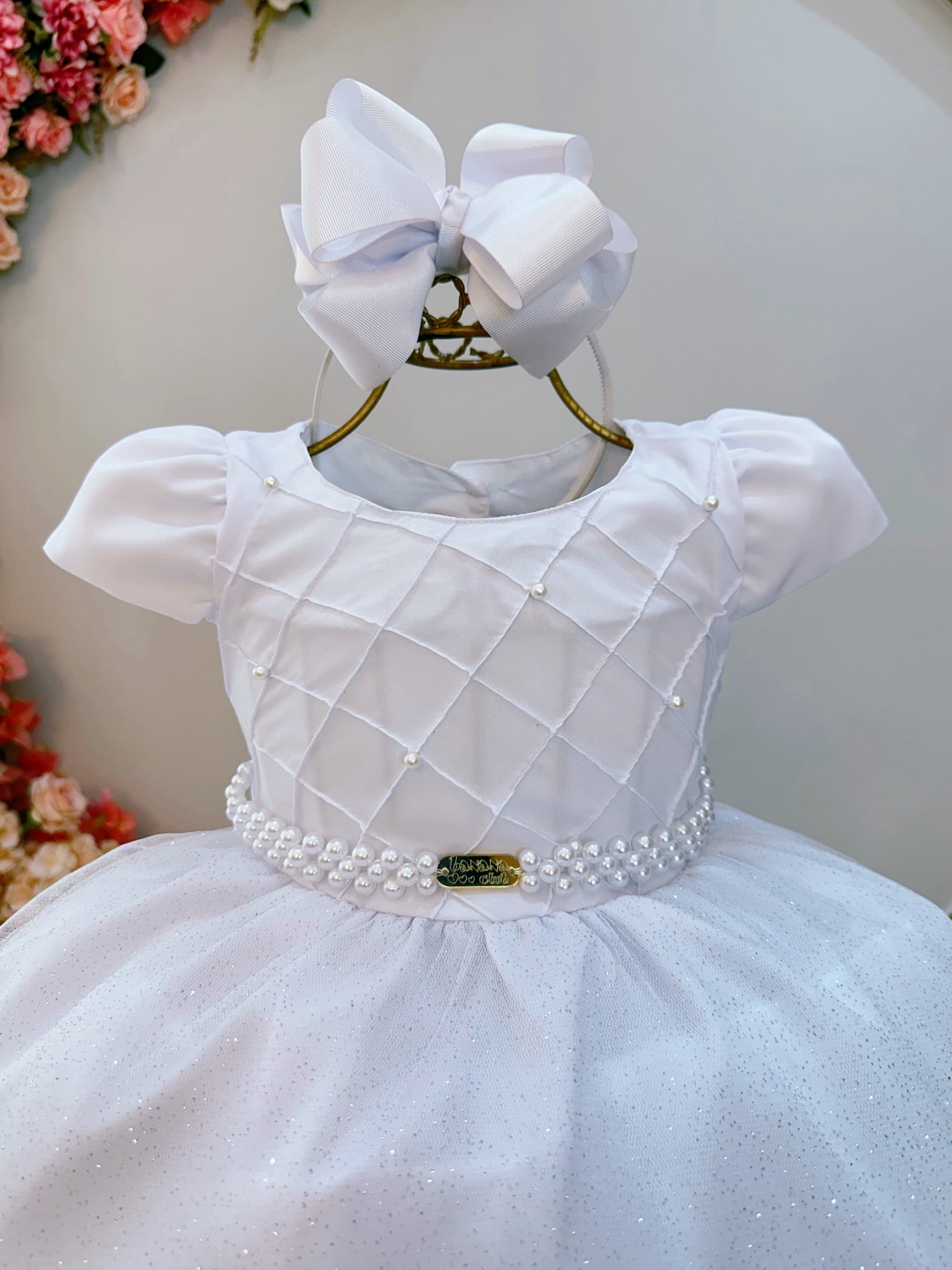 Vestido Infantil Longo Branco Busto Nervura Daminhas Festas