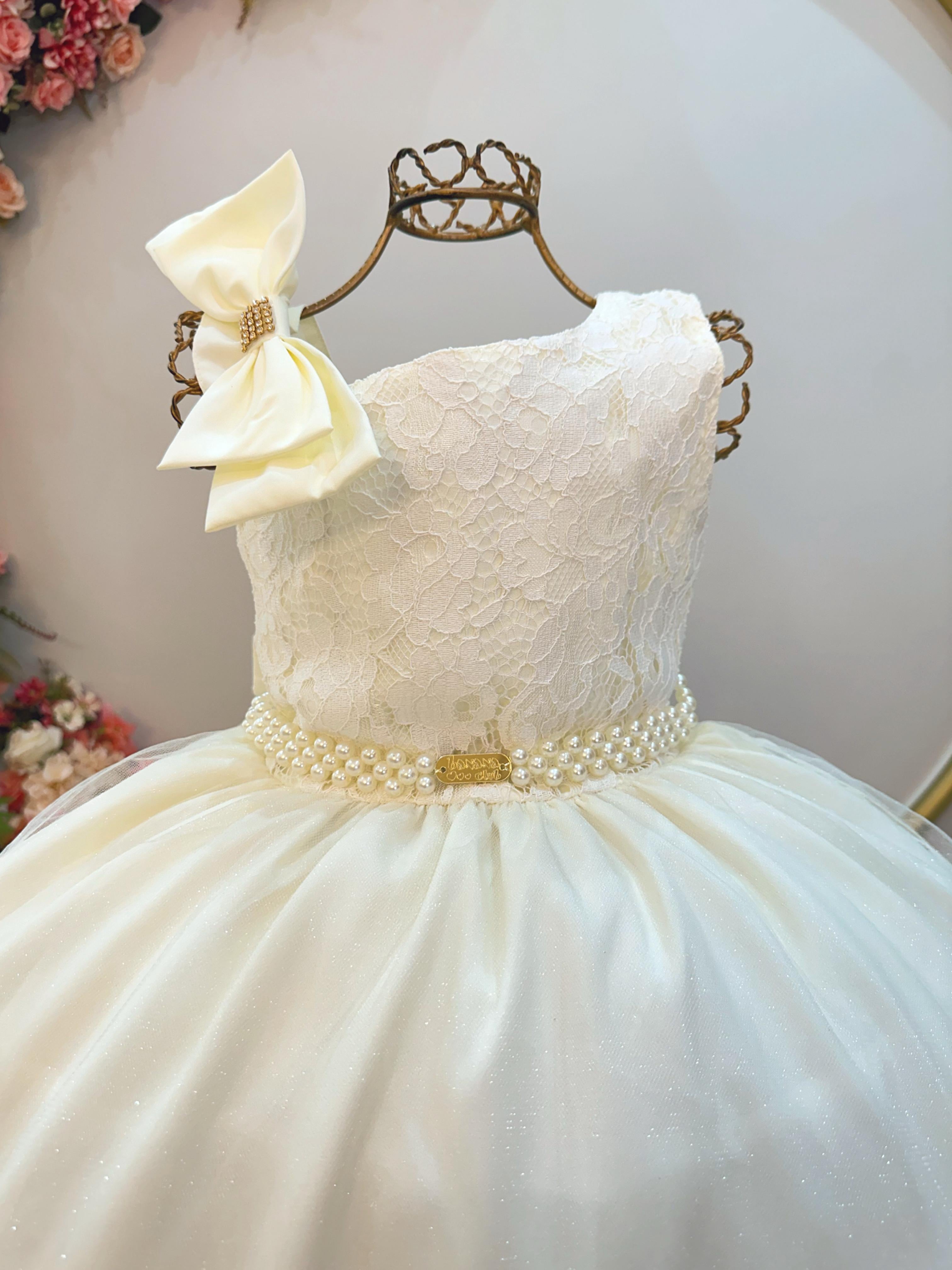 Vestido Infantil Longo Marfim Busto Renda Festas Daminhas