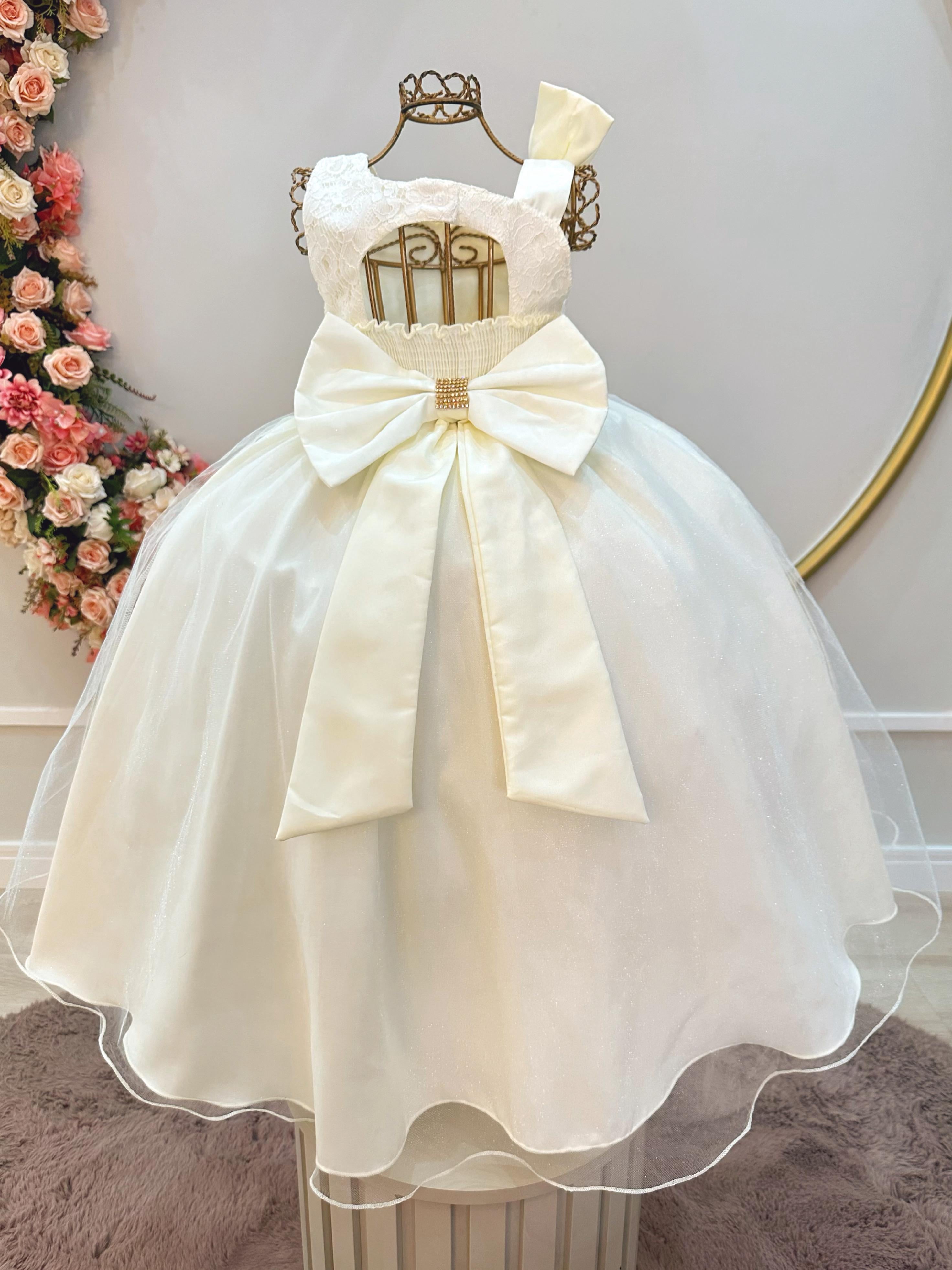 Vestido Infantil Longo Marfim Busto Renda Festas Daminhas