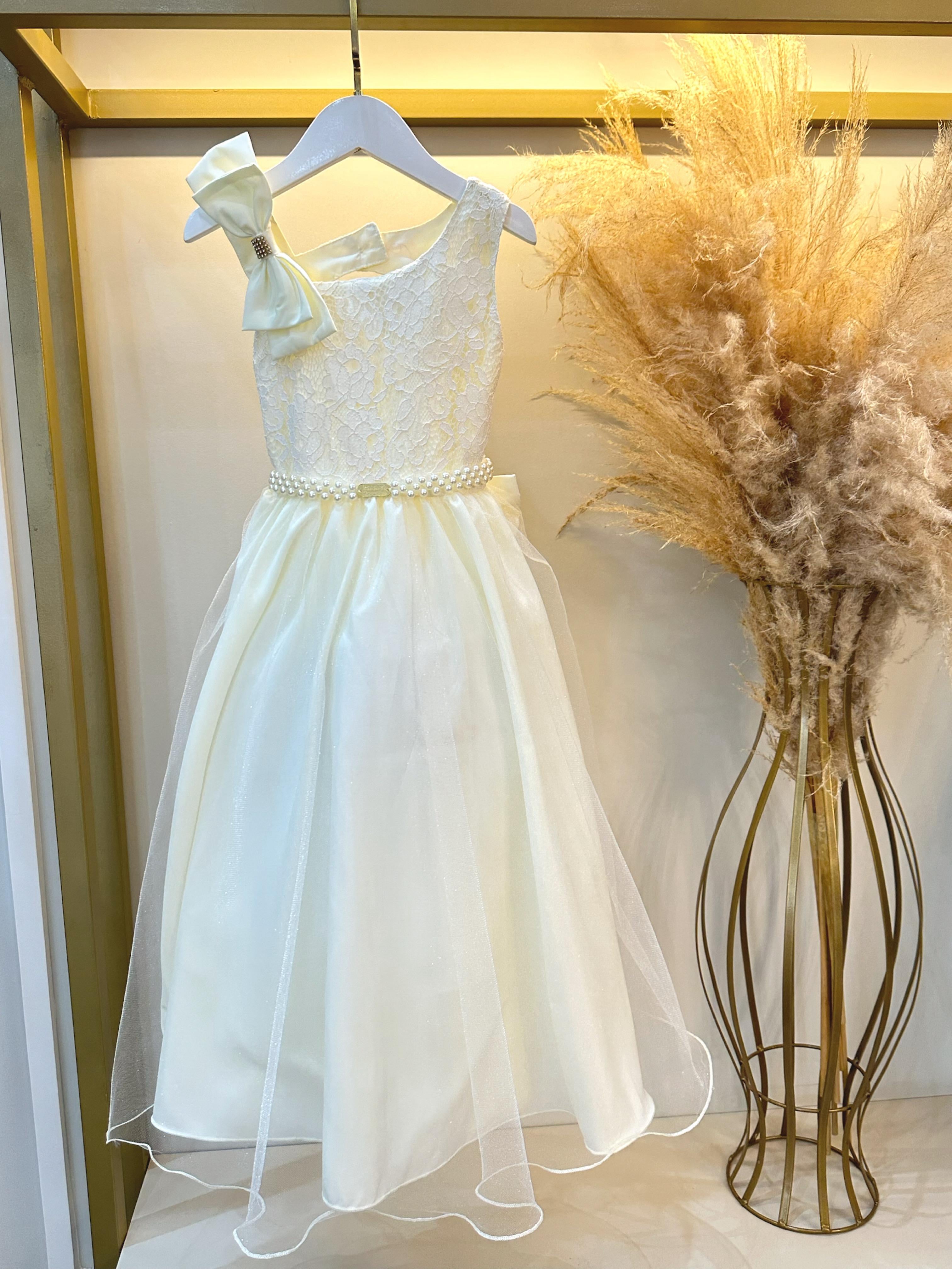 Vestido Infantil Longo Marfim Busto Renda Festas Daminhas