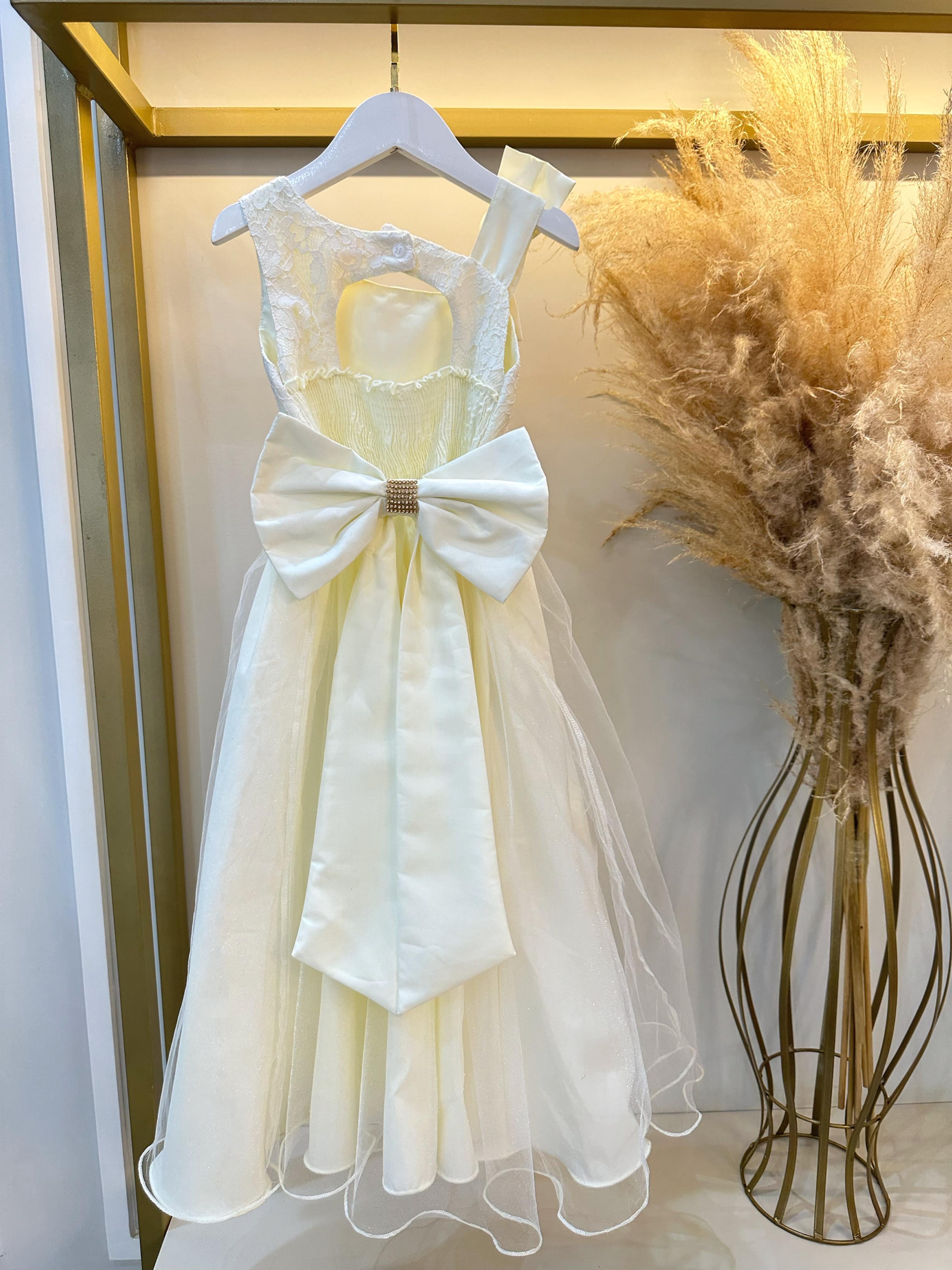 Vestido Infantil Longo Marfim Busto Renda Festas Daminhas