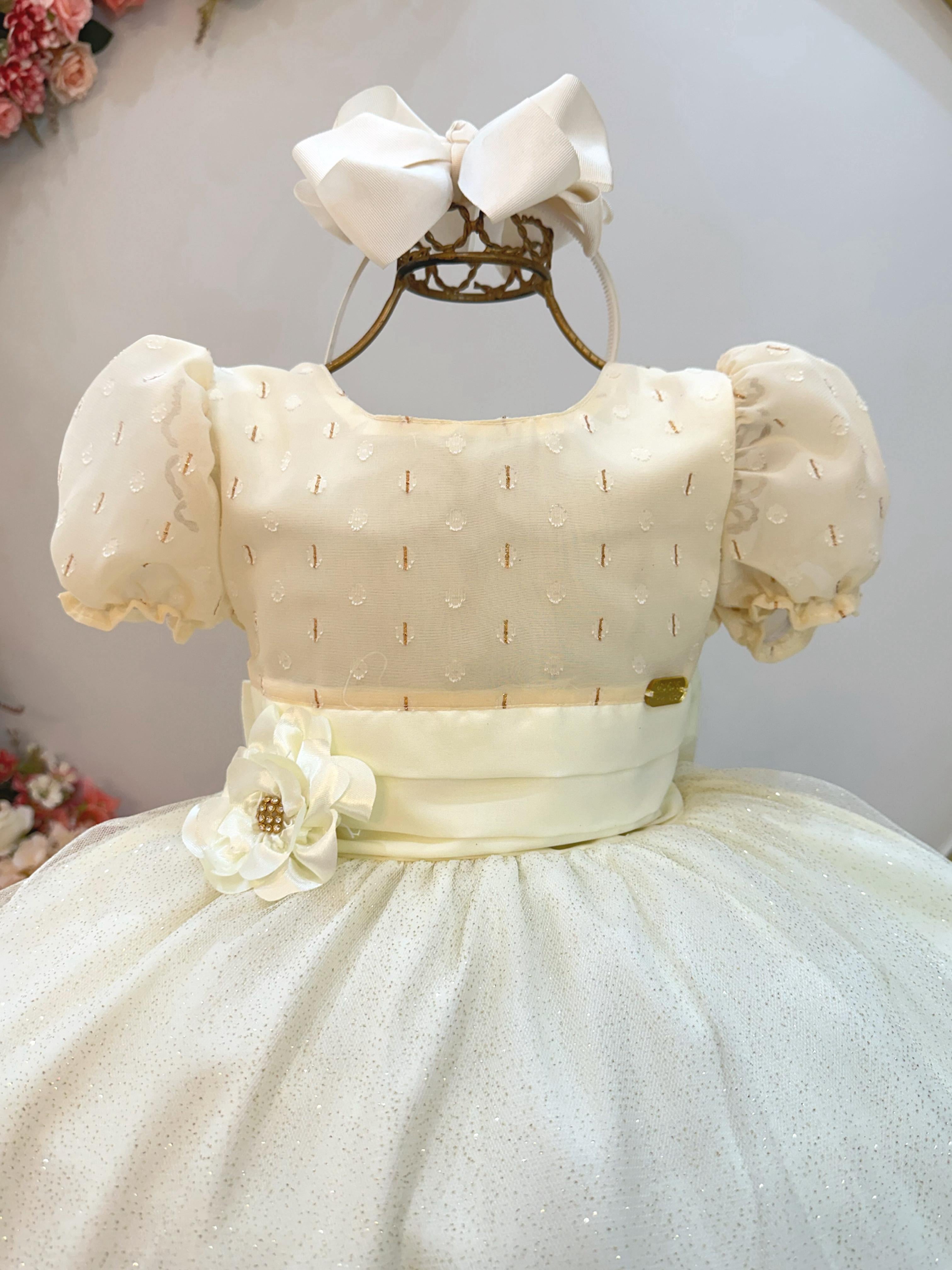 Vestido Infantil Longo Marfim C/ Broche Flor Daminhas Festas