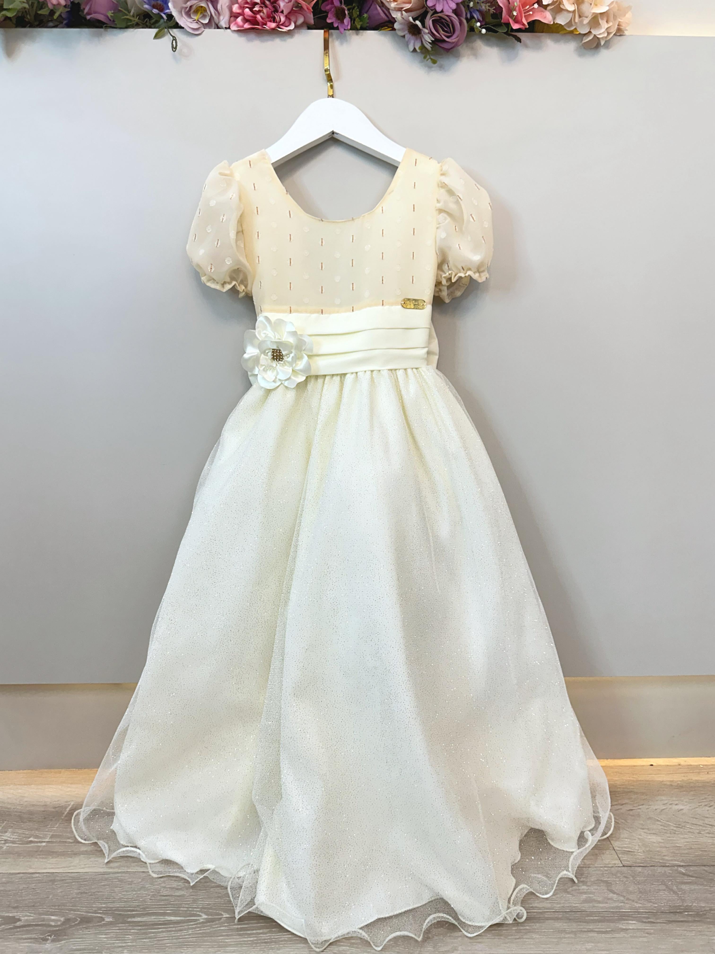 Vestido Infantil Longo Marfim C/ Broche Flor Daminhas Festas