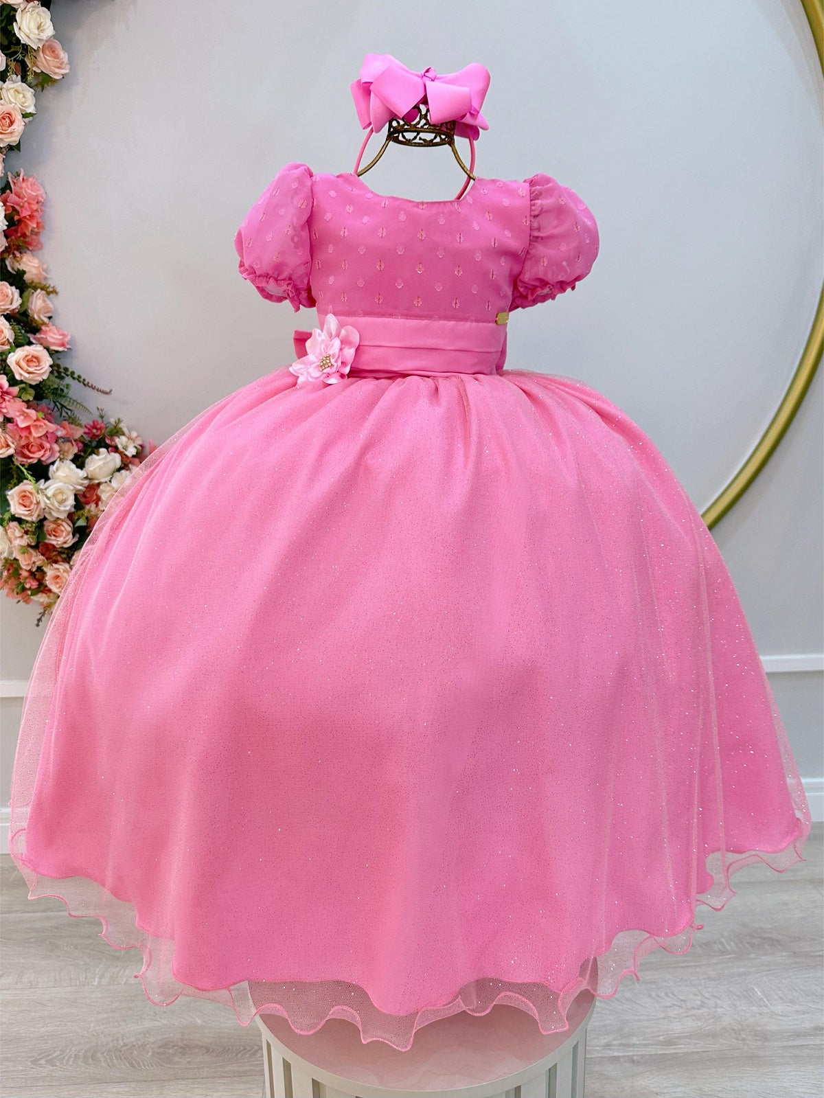 Vestido Infantil Longo Rosa Chiclete C/ Broche Flor Daminhas