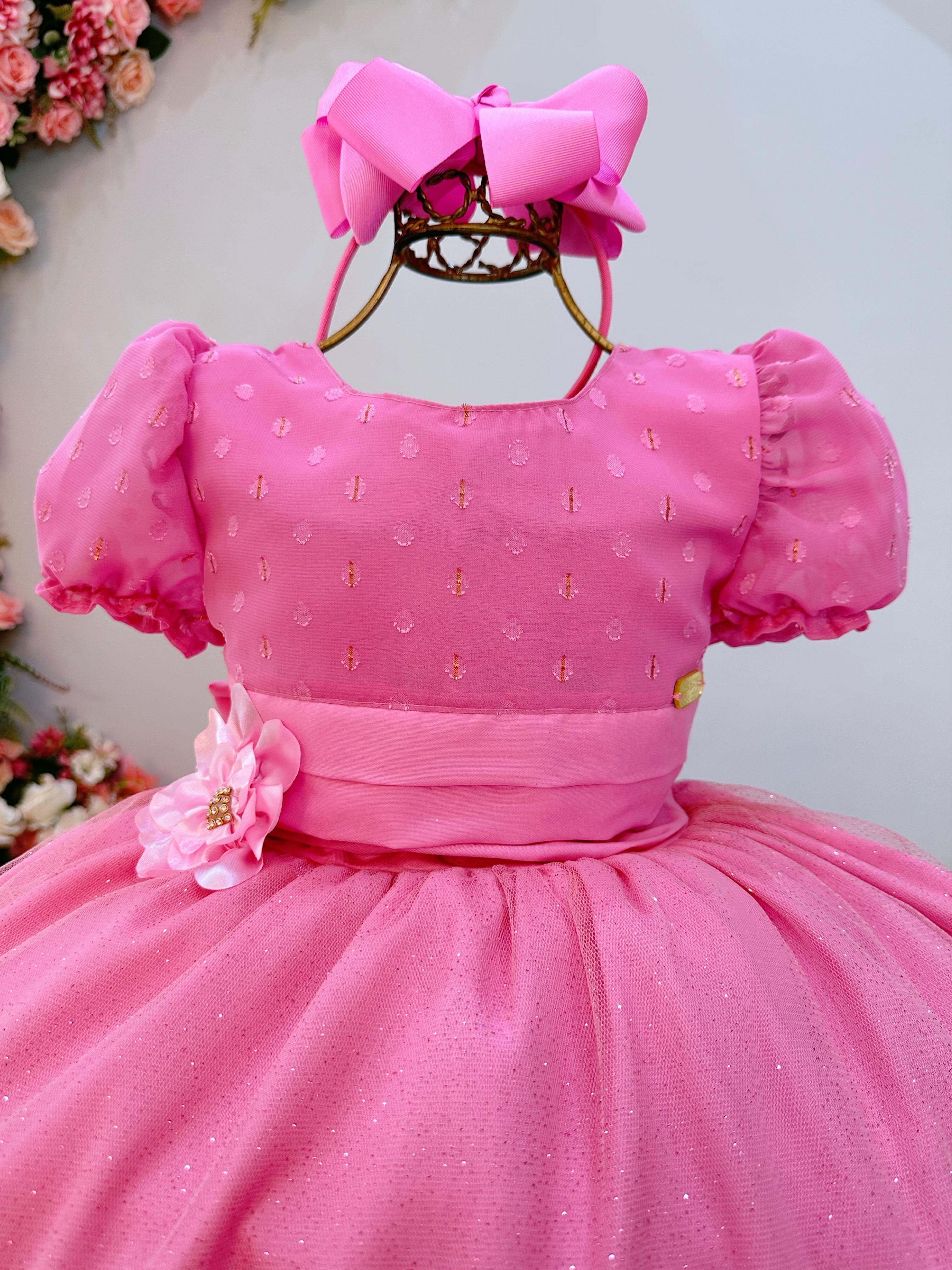 Vestido Infantil Longo Rosa Chiclete C/ Broche Flor Daminhas