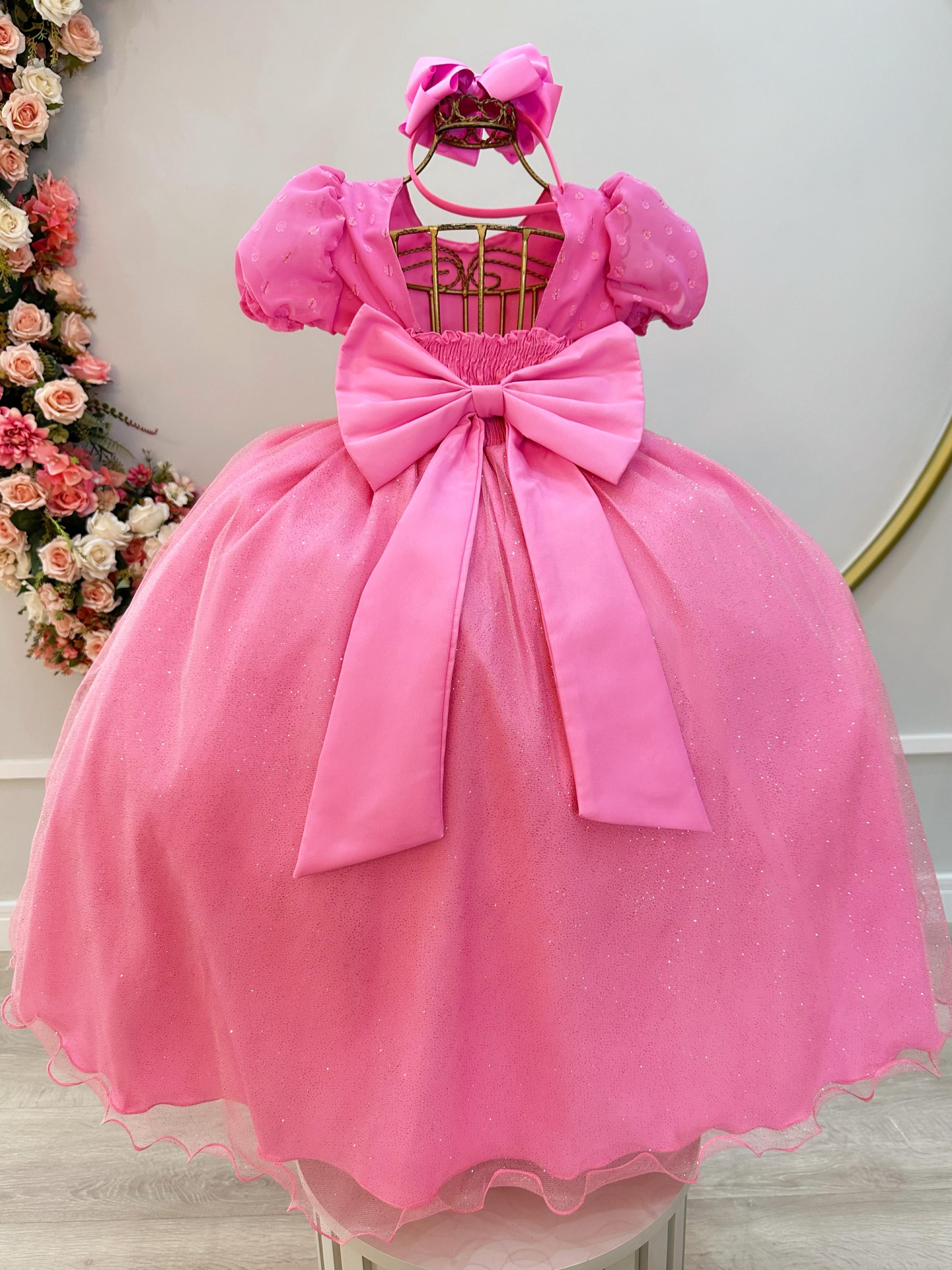Vestido Infantil Longo Rosa Chiclete C/ Broche Flor Daminhas