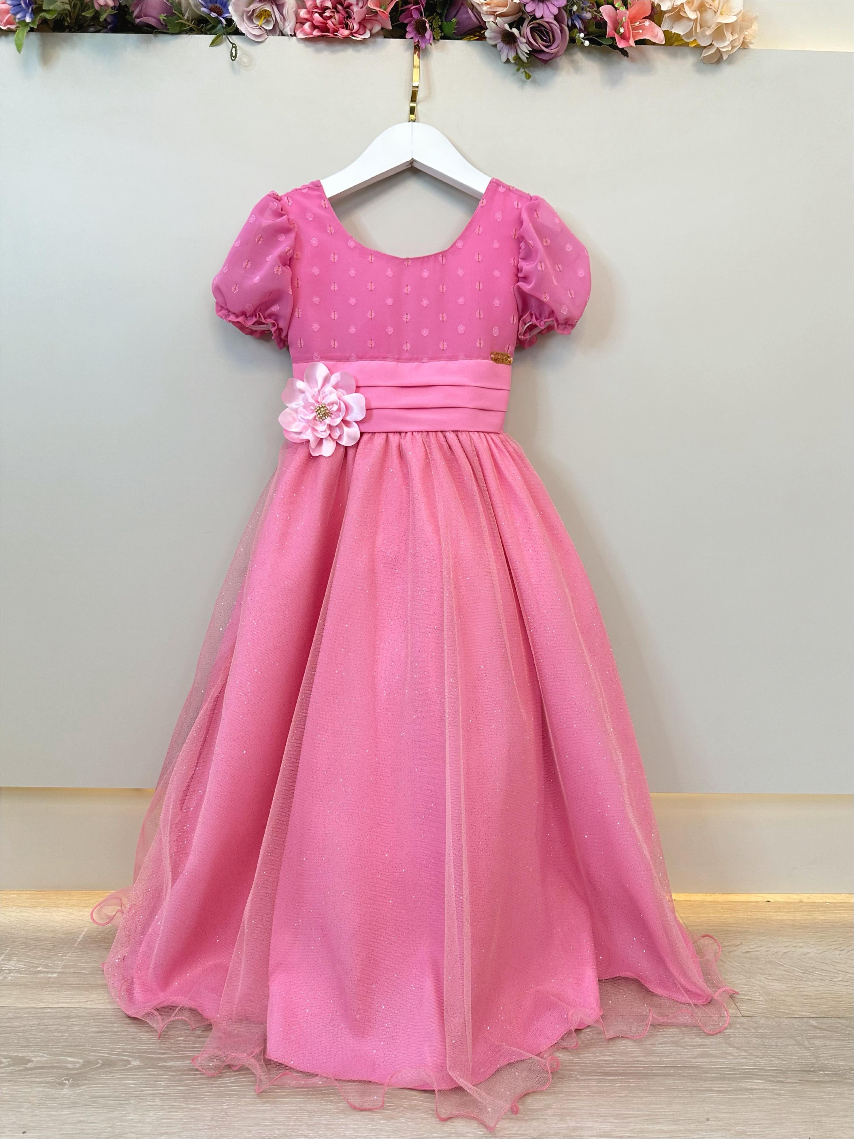 Vestido Infantil Longo Rosa Chiclete C/ Broche Flor Daminhas